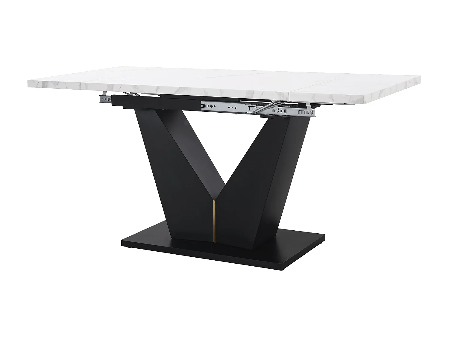 Ensemble table à manger 5 pièces, extensible, 4 chaises, MDF marbré, pieds V noir, chaises velours gris (99-159x75x75 cm)