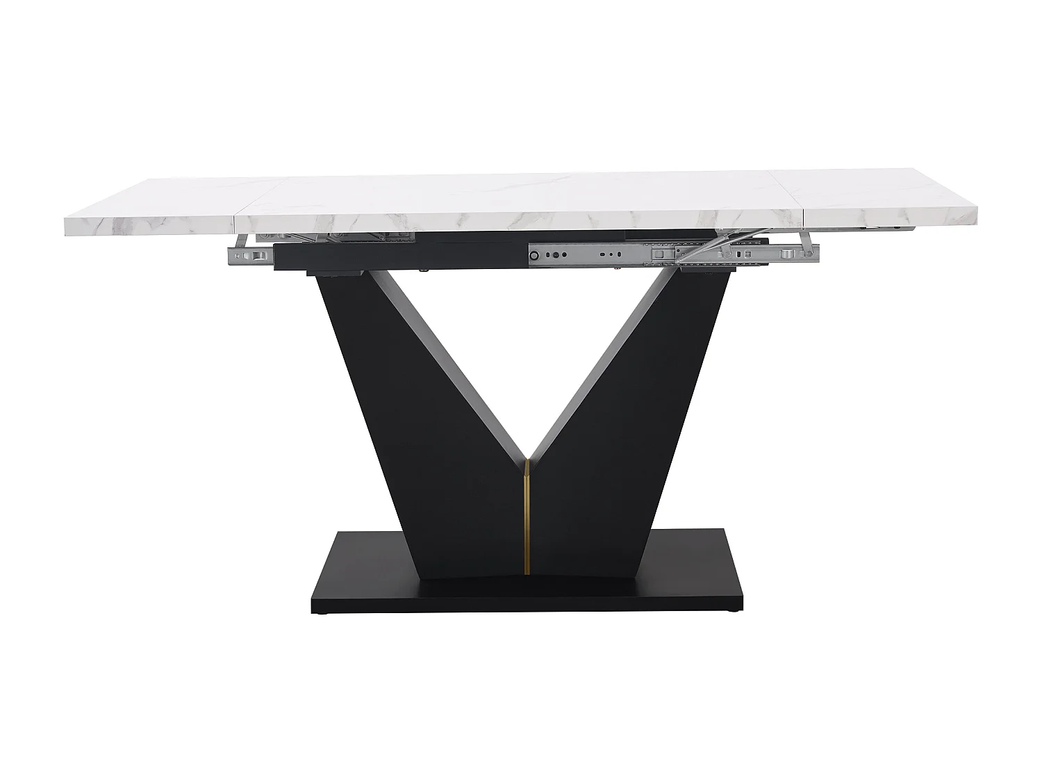 Ensemble table à manger 5 pièces, extensible, 4 chaises, MDF marbré, pieds V noir, chaises velours gris (99-159x75x75 cm)
