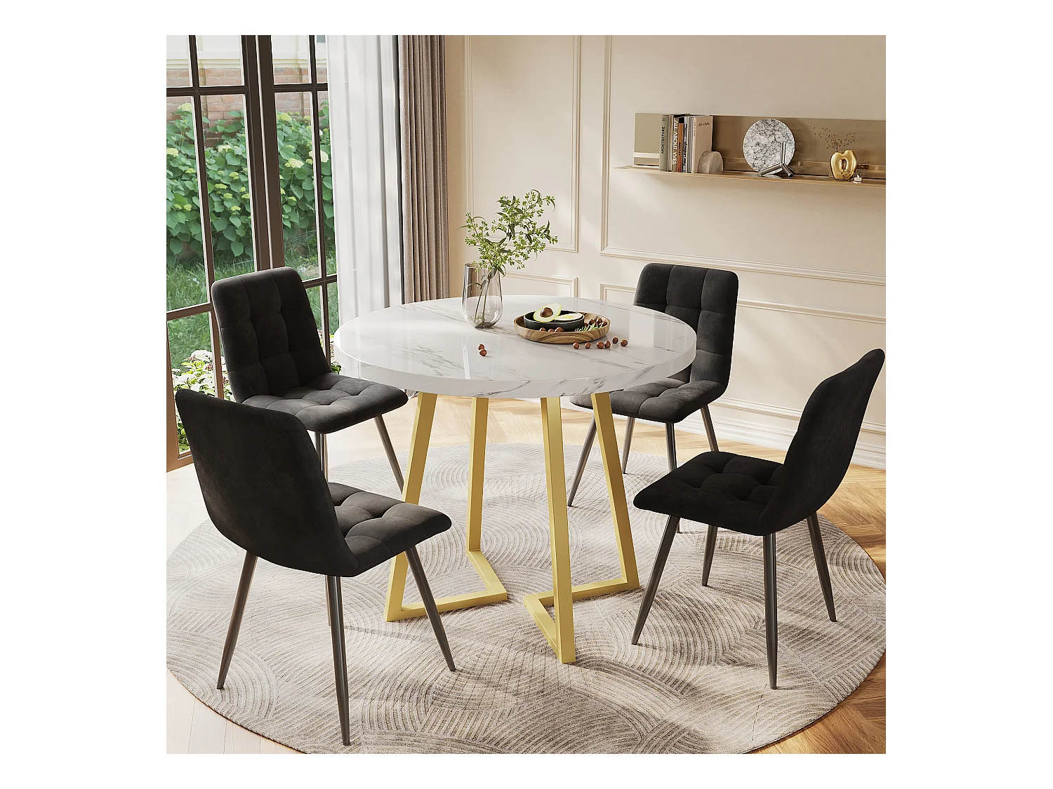 Ensemble de Table à Manger (5 pièces), Table Ronde 80 cm avec pieds métalliques dorés, MDF blanc, 4 chaises en velours noir (80x80x75 cm)