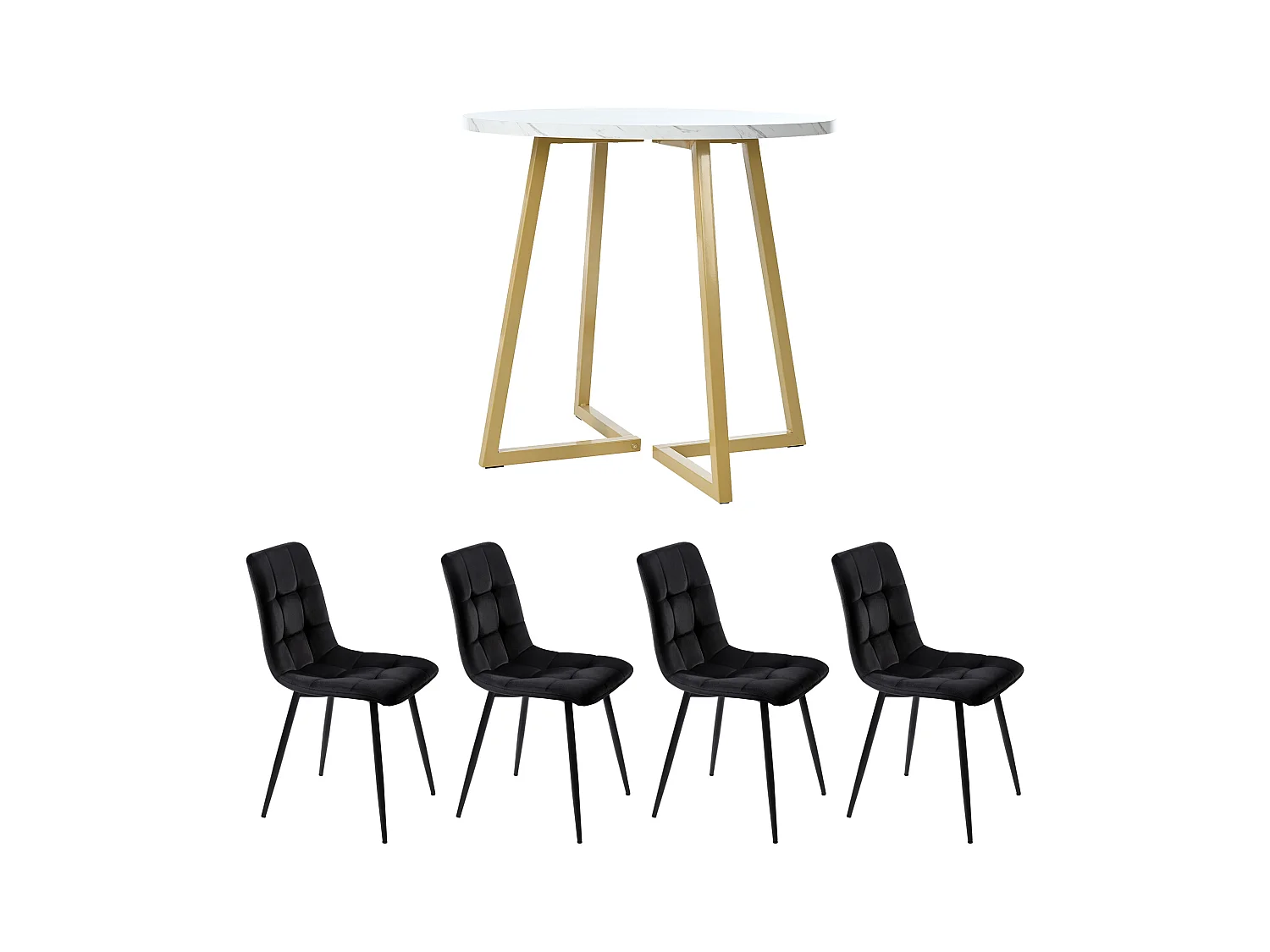 Ensemble de Table à Manger (5 pièces), Table Ronde 80 cm avec pieds métalliques dorés, MDF blanc, 4 chaises en velours noir (80x80x75 cm)