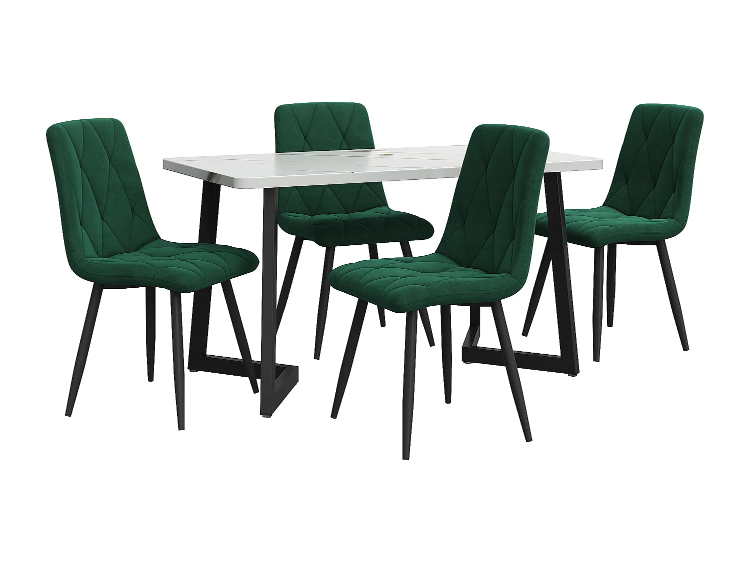Essgruppe (5 pezzi), tavolo da pranzo rettangolare 117x68 cm con 4 sedie in velluto verde scuro, gambe in metallo nero