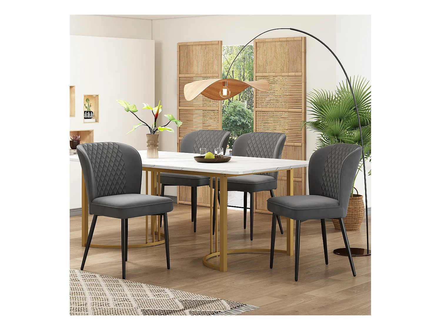 Ensemble salle à manger, table 140x80x75 cm avec 4 chaises en velours noir, pieds métalliques dorés, MDF blanc