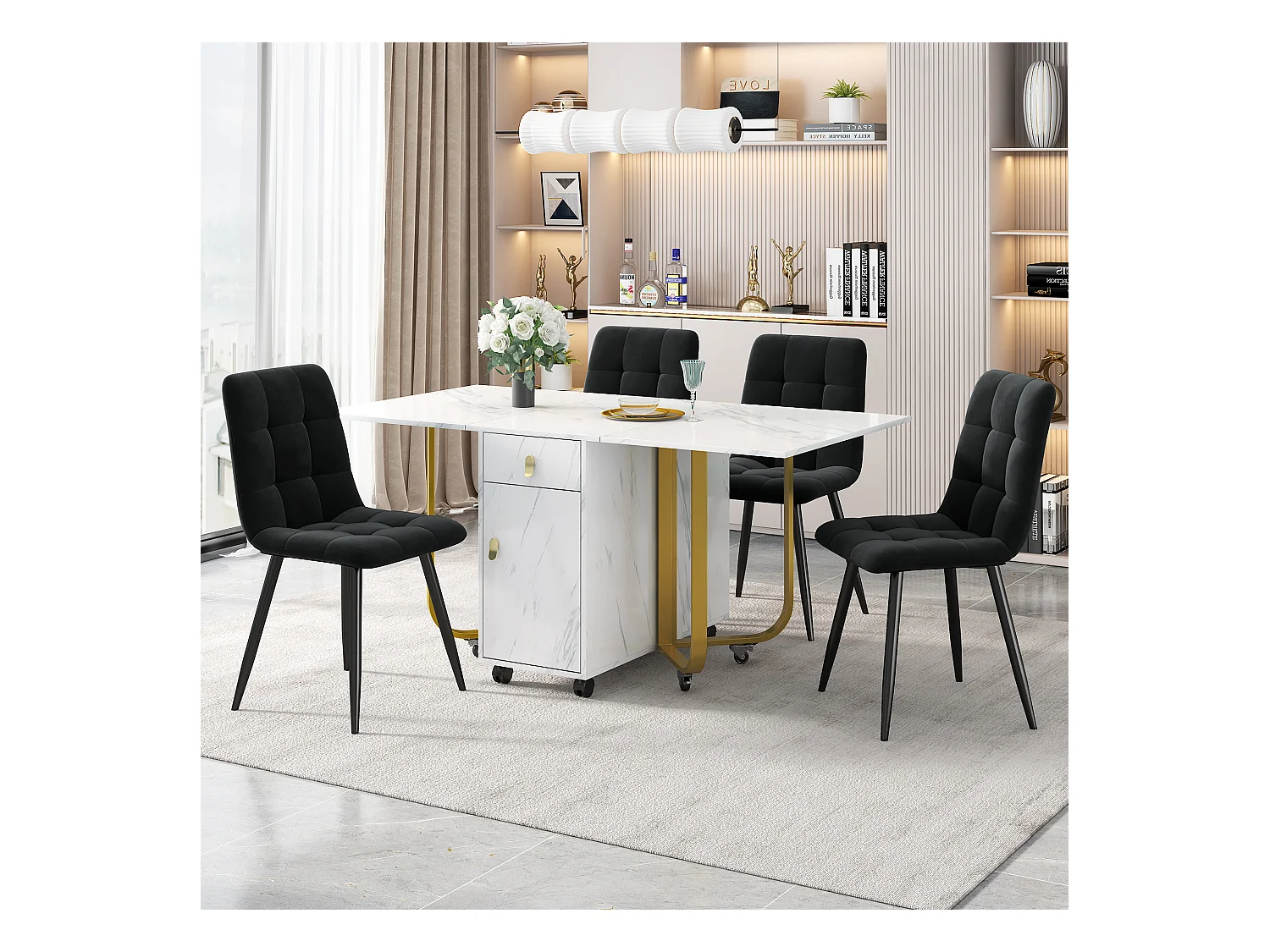 Ensemble salle à manger 5 pièces, table extensible 140/180x80x75 cm avec 8 chaises, MDF blanc, pieds métalliques noirs, chaises velours gris