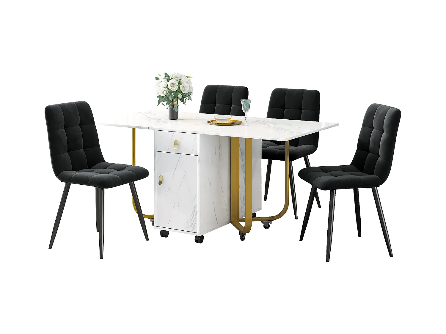 Ensemble salle à manger 5 pièces, table extensible 140/180x80x75 cm avec 8 chaises, MDF blanc, pieds métalliques noirs, chaises velours gris