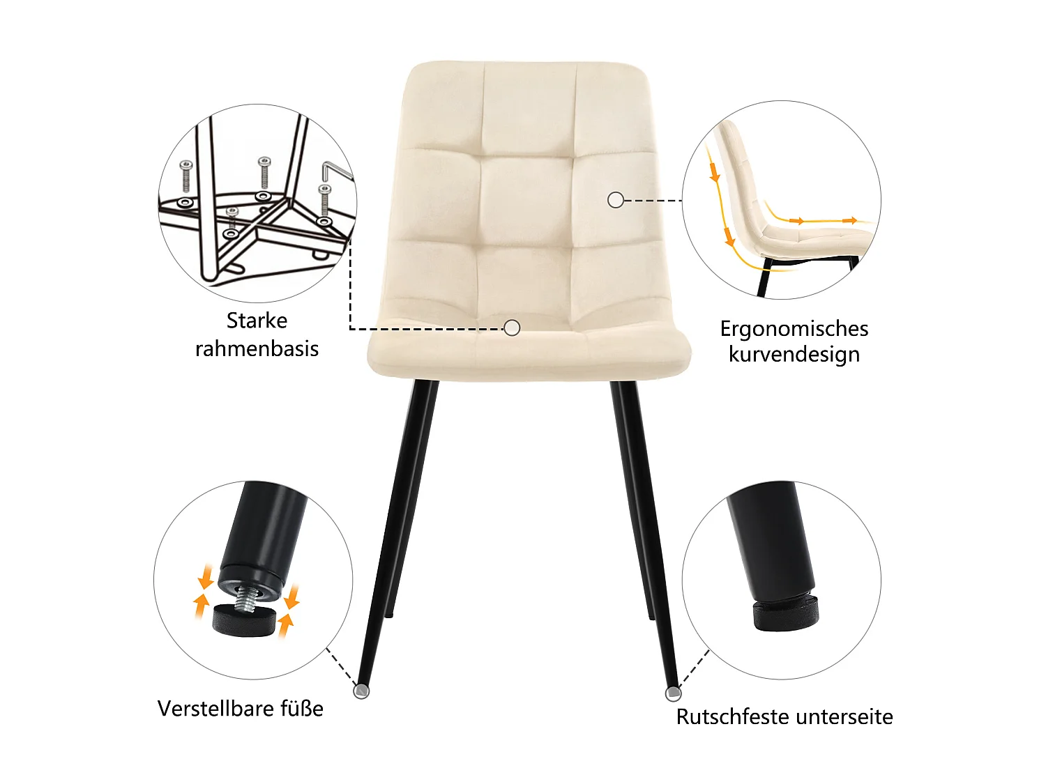 ensemble de salle à manger (5 pièces), Table Rectangulaire 117x68 cm avec 4 Chaises en Velours Beige, Pieds Métalliques Noirs