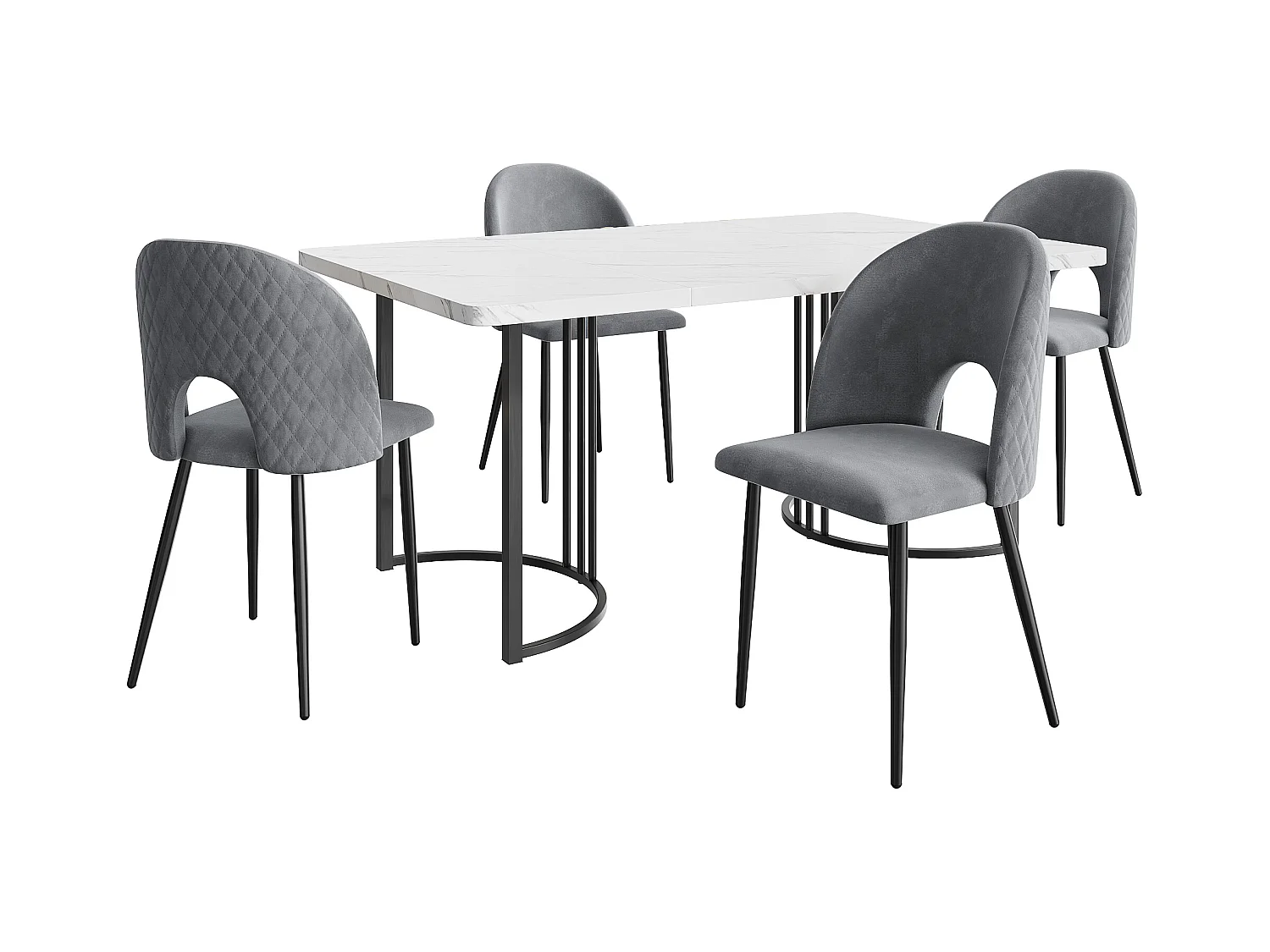 Eetkamerset van 5 stuks, tafel 140x80x75 cm met 4 grijze fluwelen stoelen, poten van zwart metaal, tafel van MDF in grijs