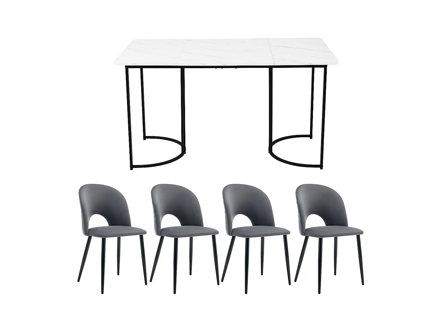 Eetkamerset van 5 stuks, tafel 140x80x75 cm met 4 grijze fluwelen stoelen, poten van zwart metaal, tafel van MDF in grijs