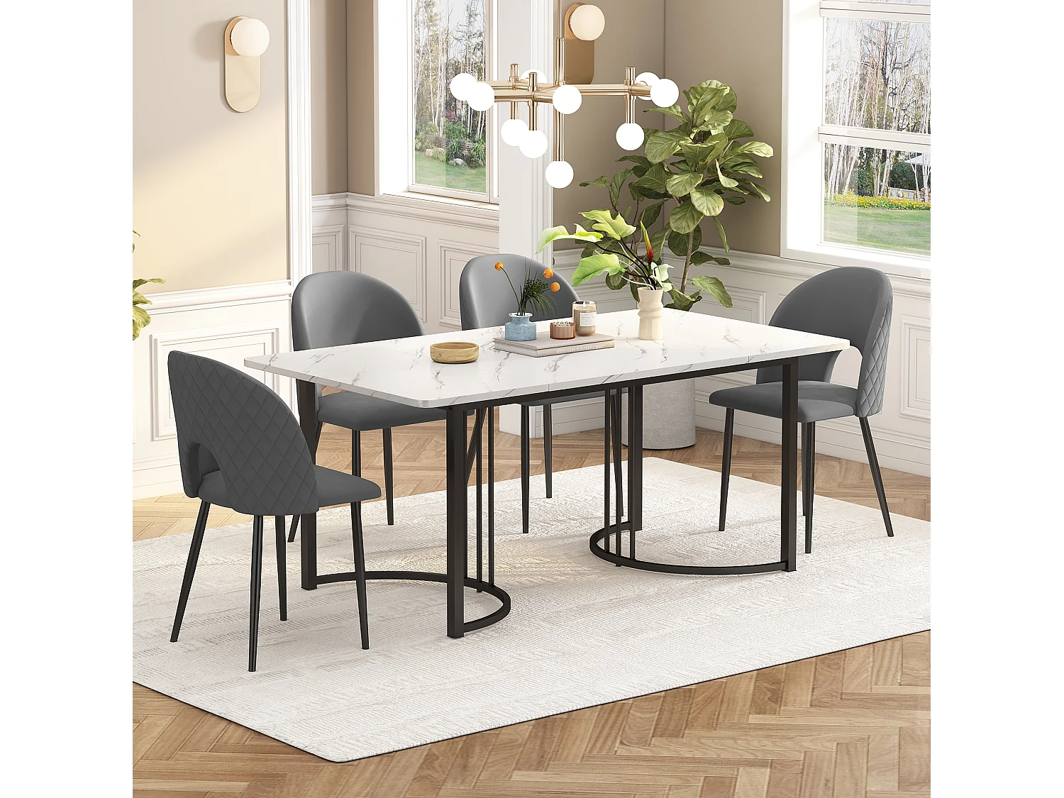 Ensemble de salle à manger 5 pièces, table 140x80x75 cm avec 4 chaises en velours gris, pieds métalliques noirs, MDF table en gris