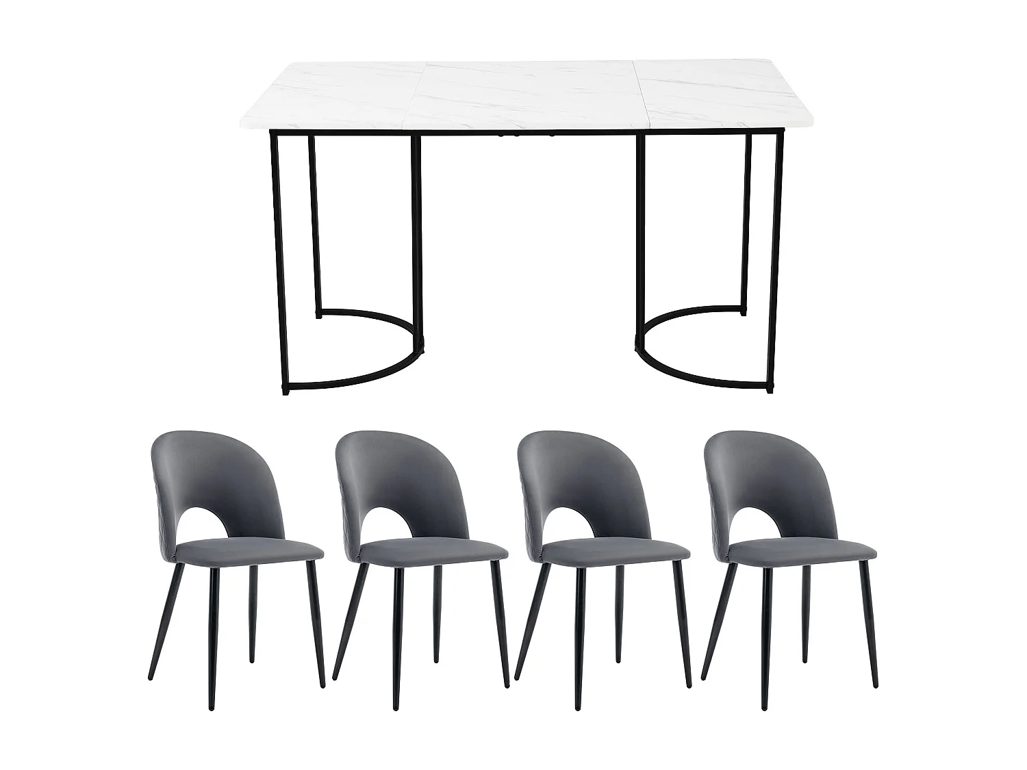 Ensemble de salle à manger 5 pièces, table 140x80x75 cm avec 4 chaises en velours gris, pieds métalliques noirs, MDF table en gris
