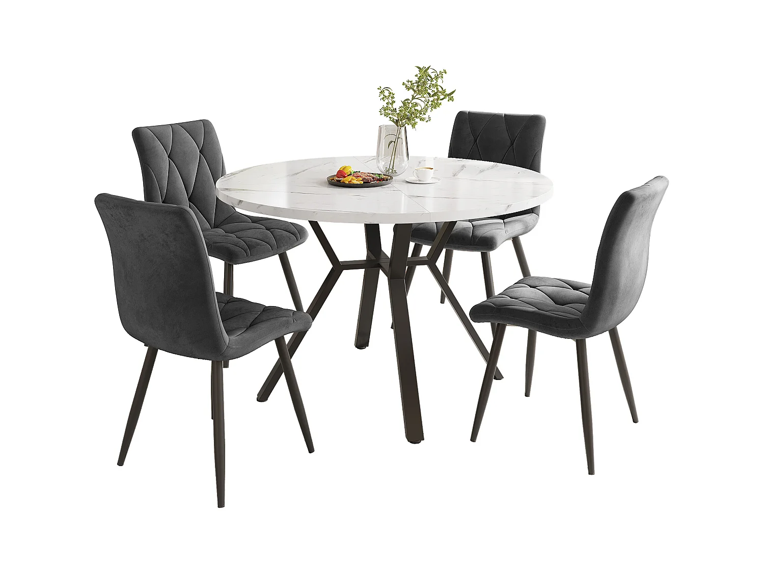 Ensemble Table à Manger et Chaises (5 pièces), Table Ronde en Marbre Moderne + 4 Chaises en Daim Gris, MDF + Acier, Noir et Gris (50x50x75 cm)