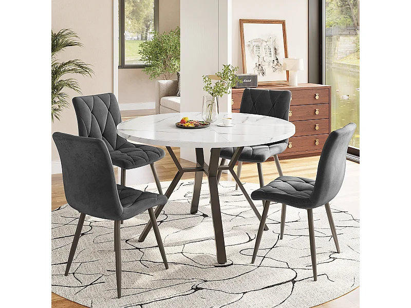 Ensemble Table à Manger et Chaises (5 pièces), Table Ronde en Marbre Moderne + 4 Chaises en Daim Gris, MDF + Acier, Noir et Gris (50x50x75 cm)