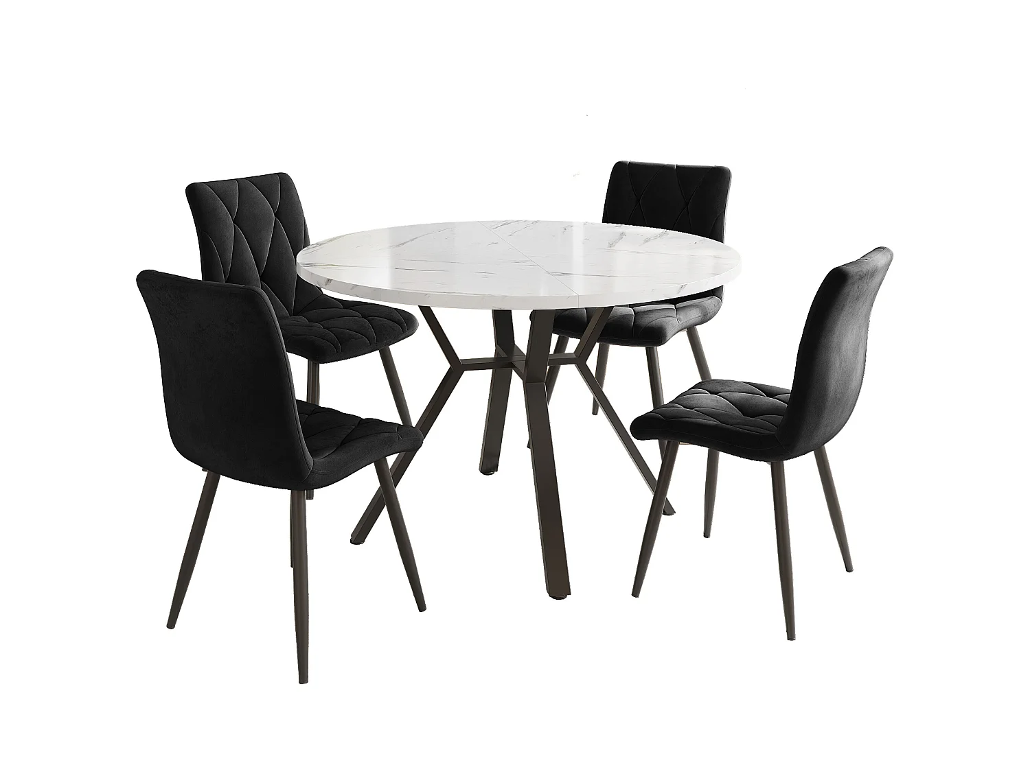 Ensemble table à manger et chaises 5 pièces, table ronde marbre + 4 chaises ergonomiques cuir noir, MDF + acier, noir et blanc (50x50x75 cm)