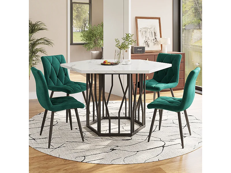 Juego de mesa y sillas de comedor de 5 piezas: mesa hexagonal moderna de mármol + 4 sillas de terciopelo verde, MDF + acero, negro y verde (115,5 x 100 x 75 cm)