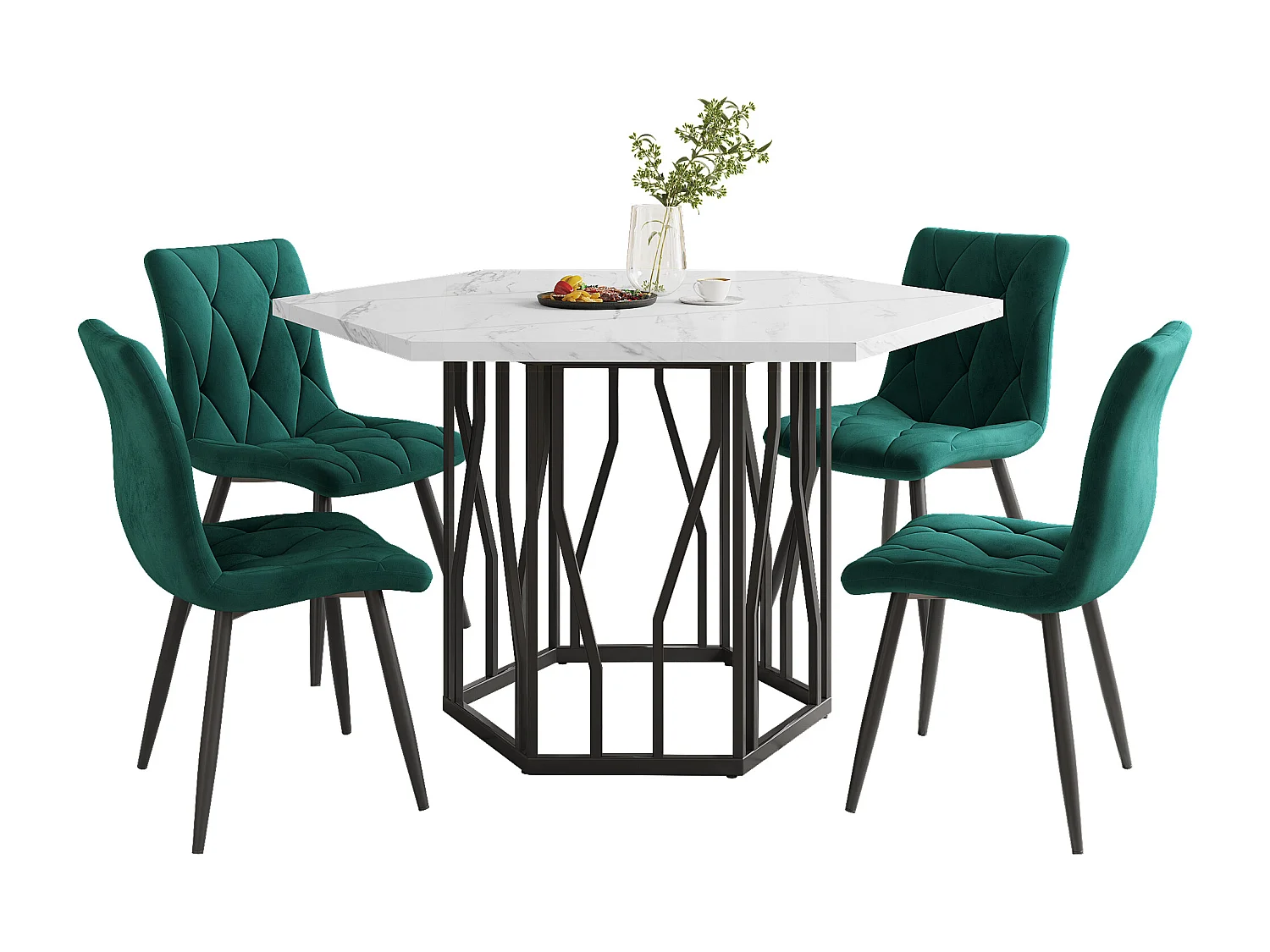 Juego de mesa y sillas de comedor de 5 piezas: mesa hexagonal moderna de mármol + 4 sillas de terciopelo verde, MDF + acero, negro y verde (115,5 x 100 x 75 cm)