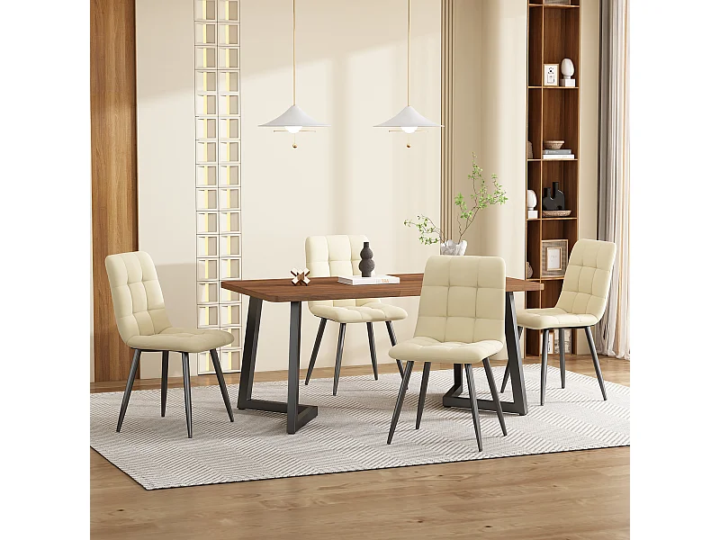 Lot salle à manger 5 pièces, table avec 4 chaises, MDF finition bois noyer, pieds métalliques noirs, chaises velours beige (140x80x75 cm)