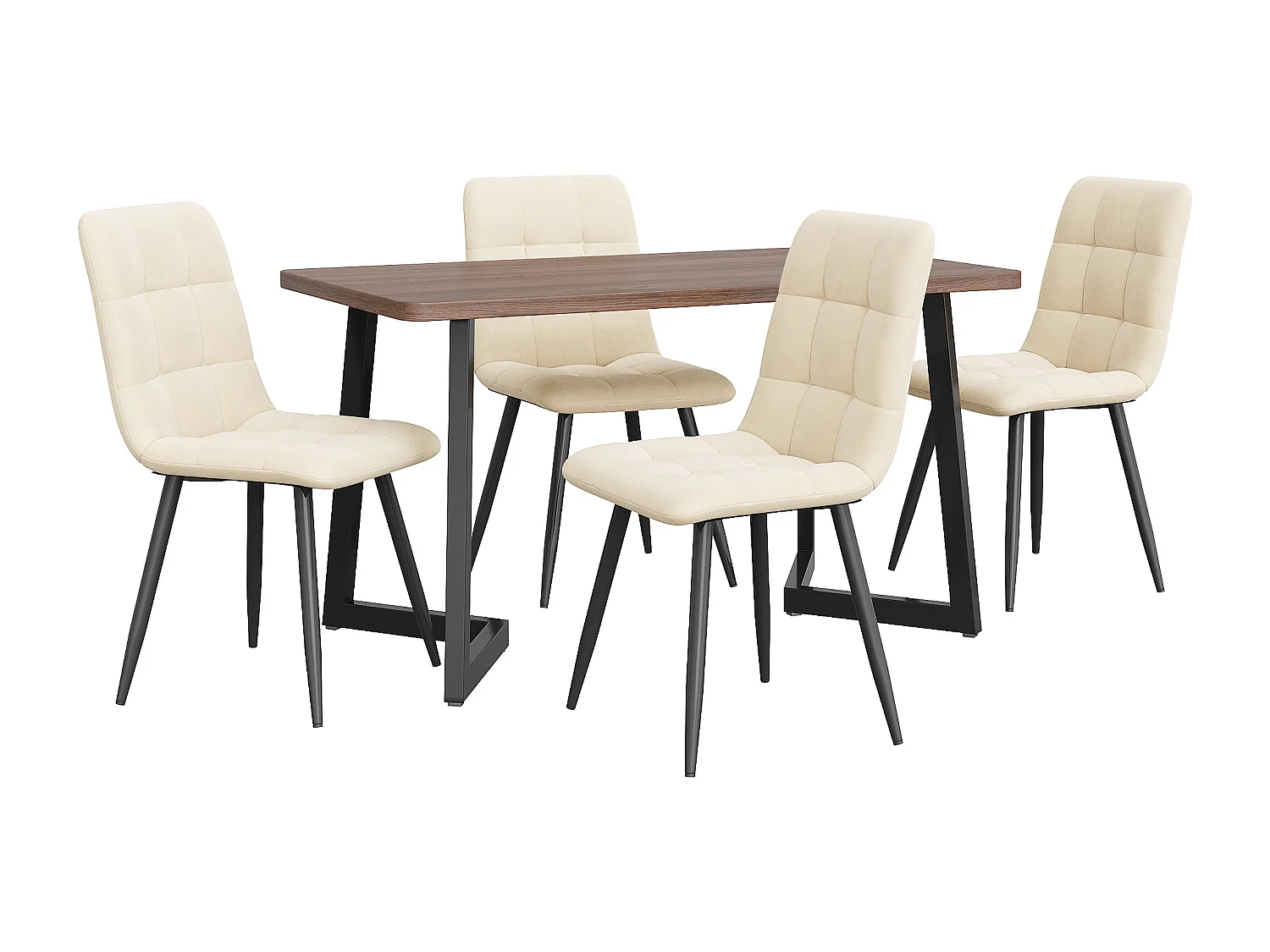 Lot salle à manger 5 pièces, table avec 4 chaises, MDF finition bois noyer, pieds métalliques noirs, chaises velours beige (140x80x75 cm)