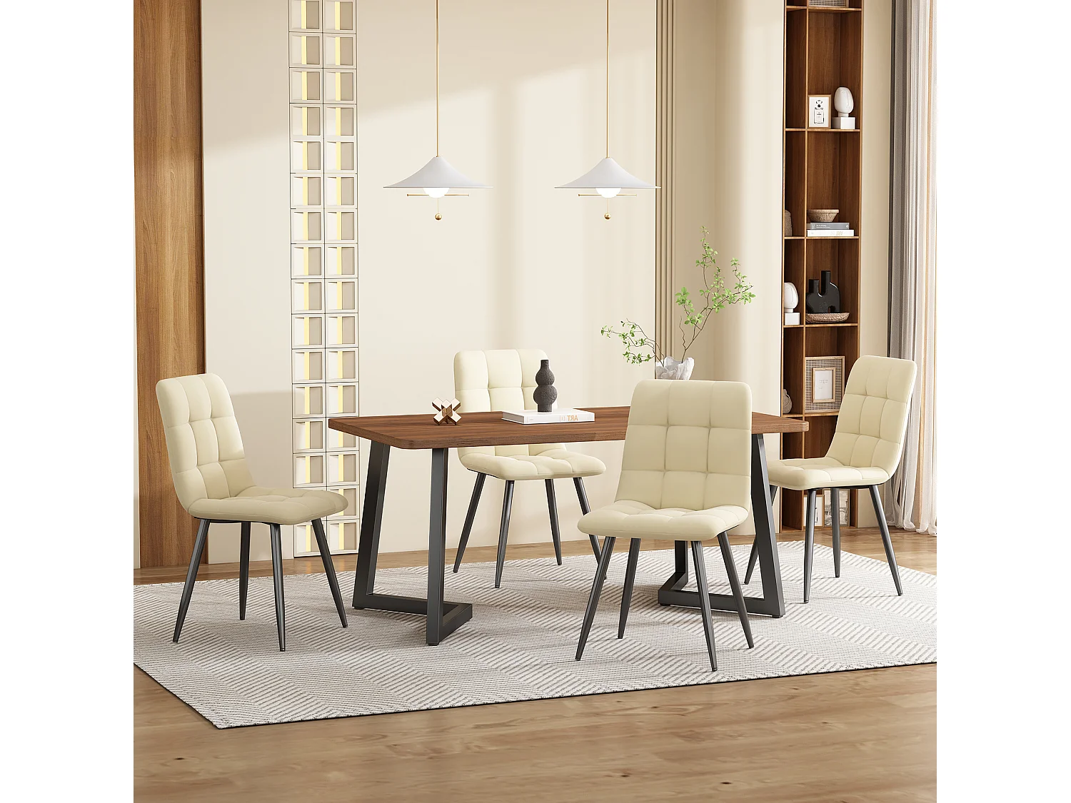 Lot salle à manger 5 pièces, table avec 4 chaises, MDF finition bois noyer, pieds métalliques noirs, chaises velours beige (140x80x75 cm)