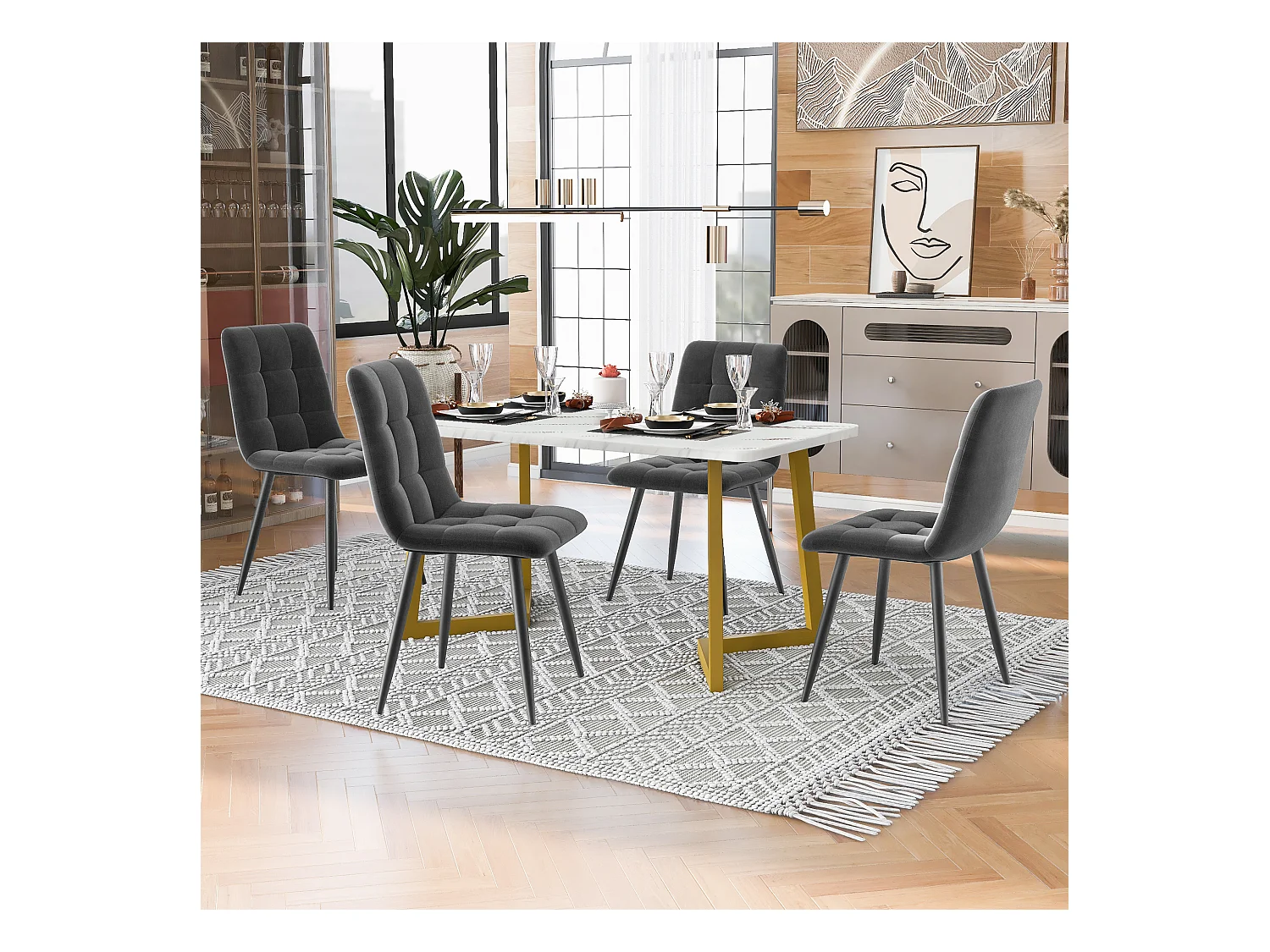 Essgruppe (5 stuks), Rechthoekige tafel 117x68 cm met 4 donkergrijze fluwelen stoelen, gouden metalen poten