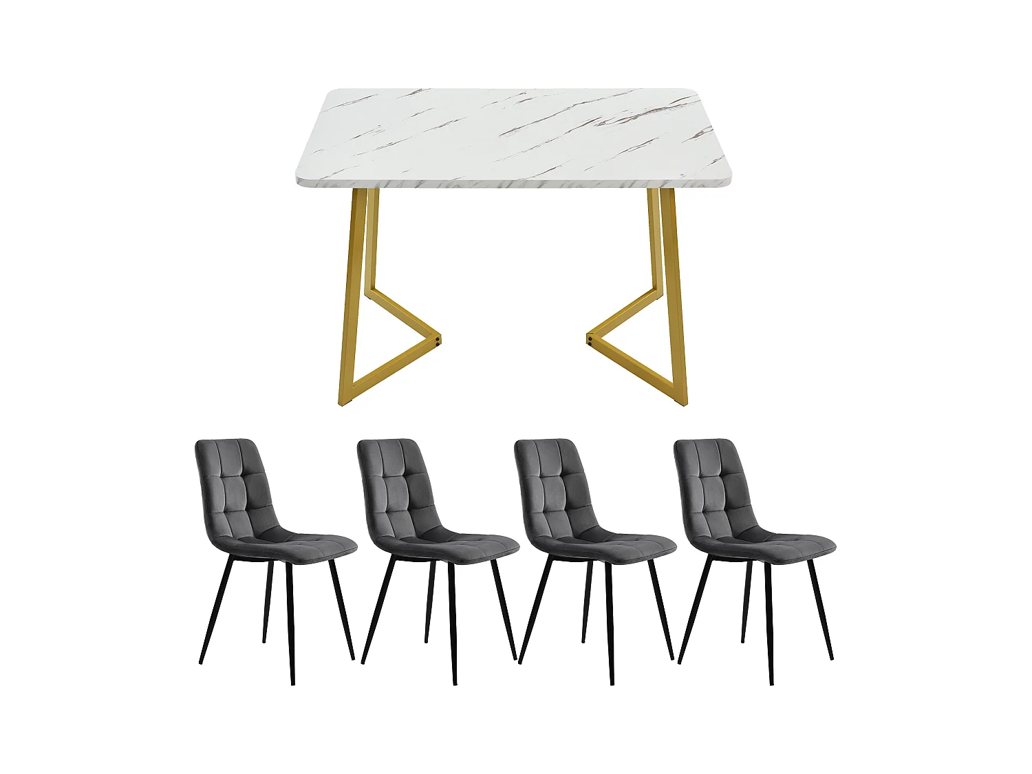 Essgruppe (5 stuks), Rechthoekige tafel 117x68 cm met 4 donkergrijze fluwelen stoelen, gouden metalen poten