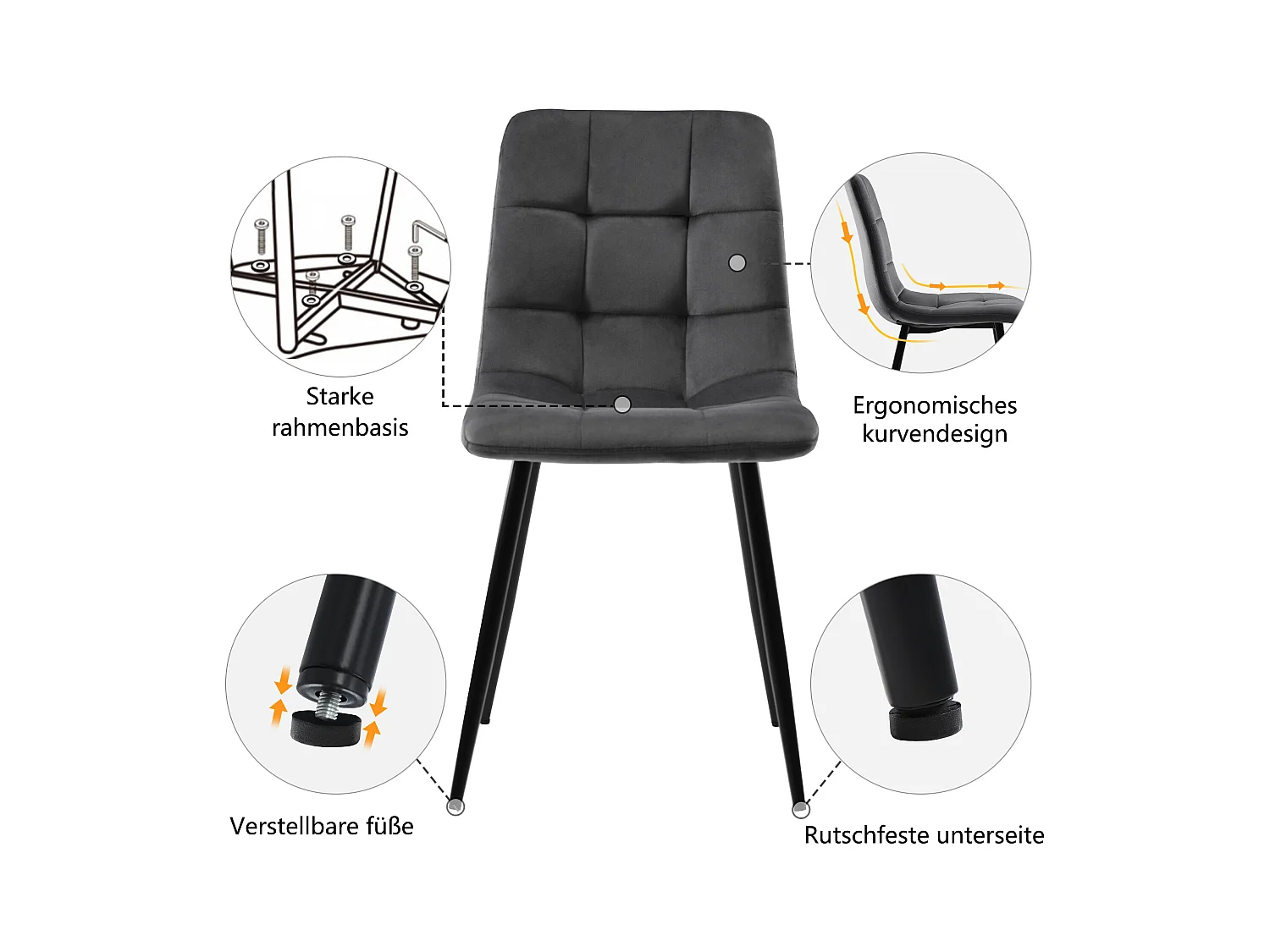 Essgruppe (5 stuks), Rechthoekige tafel 117x68 cm met 4 donkergrijze fluwelen stoelen, gouden metalen poten