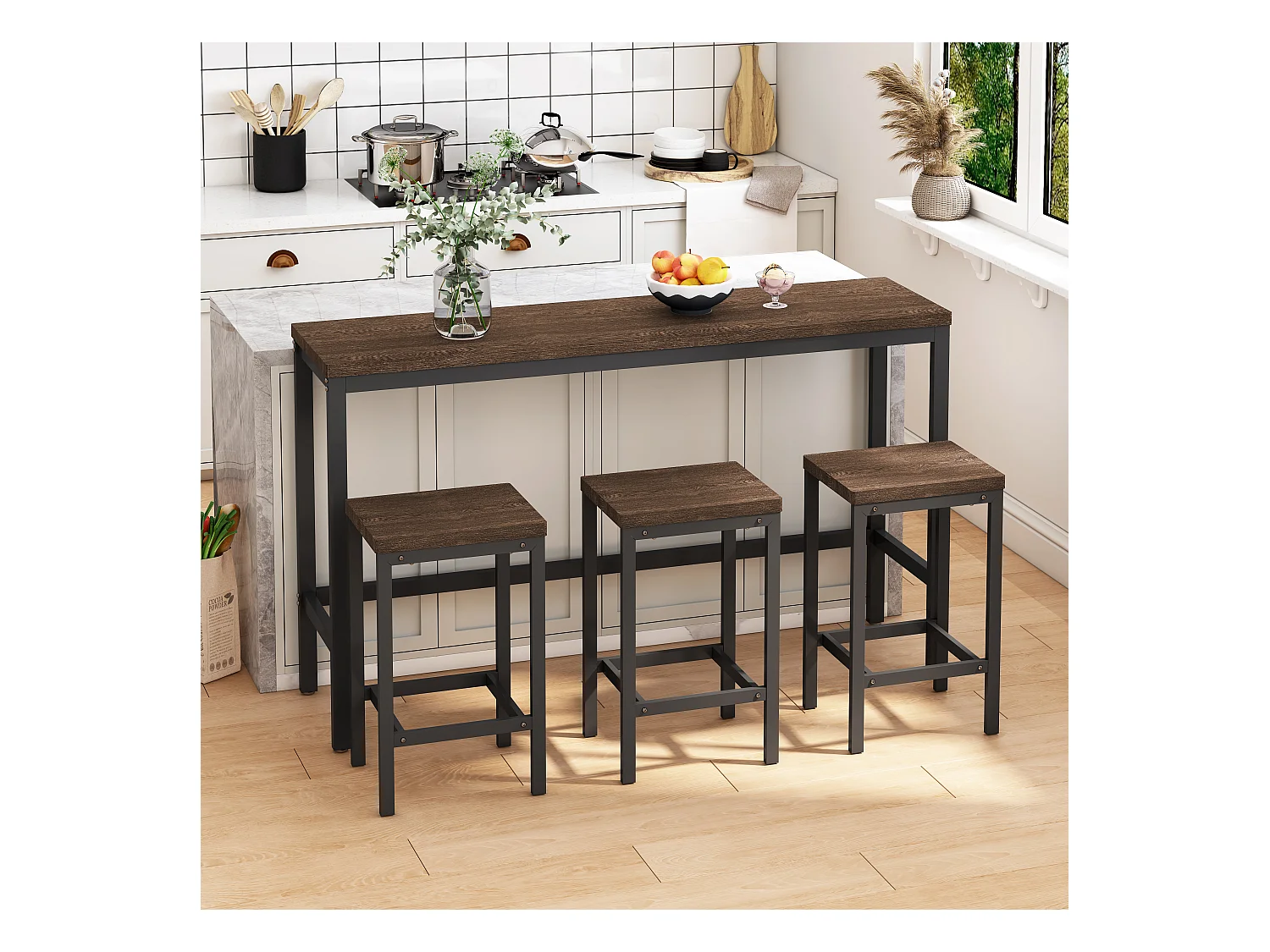 Table de Cuisine Moderne avec 3 Tabourets, Table de Bar, Table Longue en MDF et Métal, Couleur Marron Foncé (148x40x90 cm)