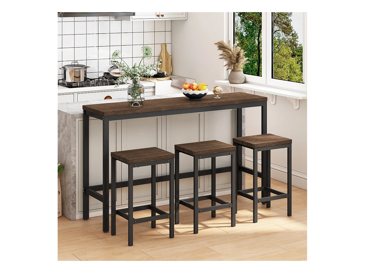 Table de Cuisine Moderne avec 3 Tabourets, Table de Bar, Table Longue en MDF et Métal, Couleur Marron Foncé (148x40x90 cm)