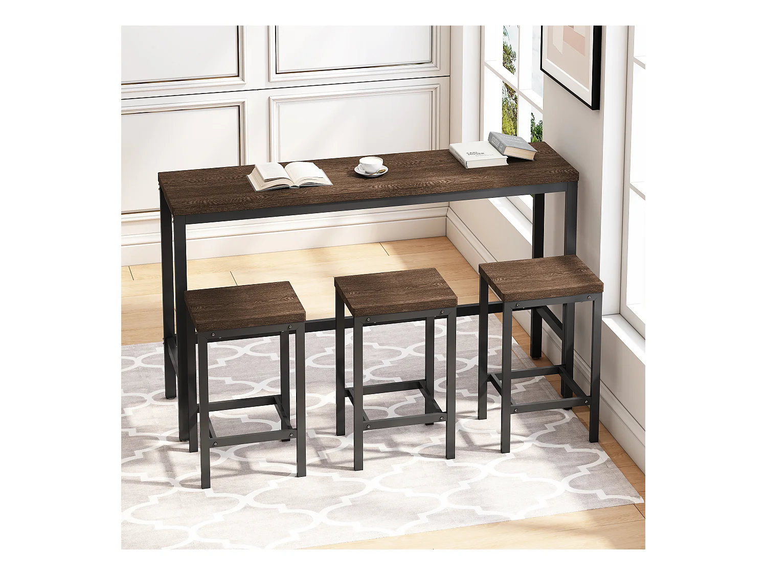 Moderne keukentafel met 3 krukken, bartafel, lange tafel van MDF en metaal, donkerbruin (148x40x90 cm)