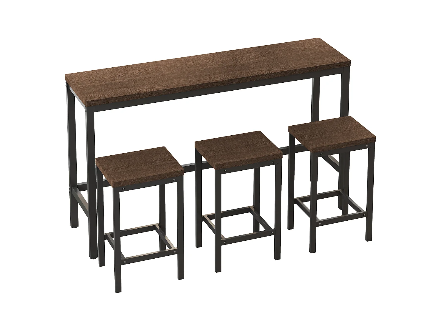 Moderne keukentafel met 3 krukken, bartafel, lange tafel van MDF en metaal, donkerbruin (148x40x90 cm)