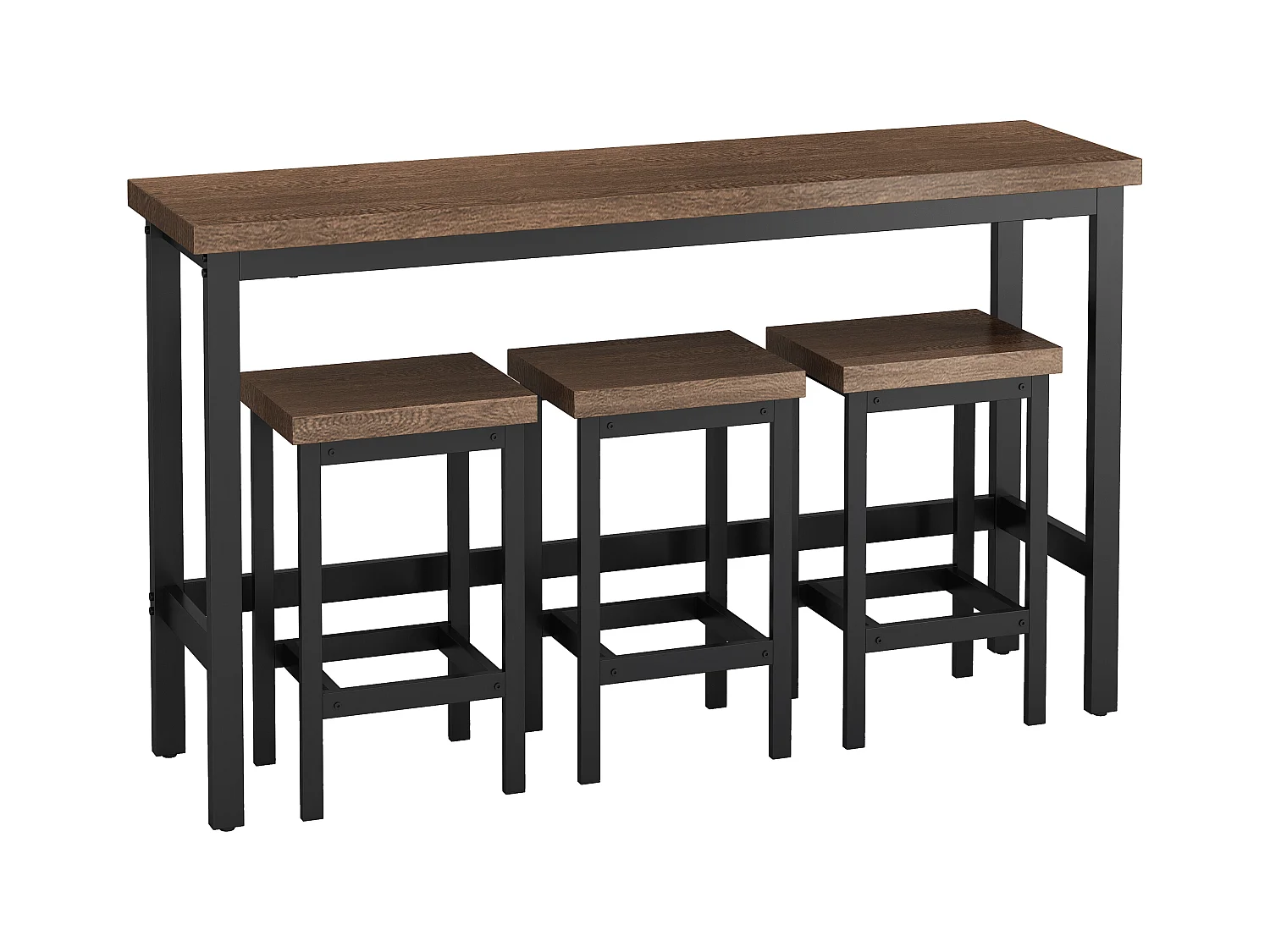 Moderne keukentafel met 3 krukken, bartafel, lange tafel van MDF en metaal, donkerbruin (148x40x90 cm)