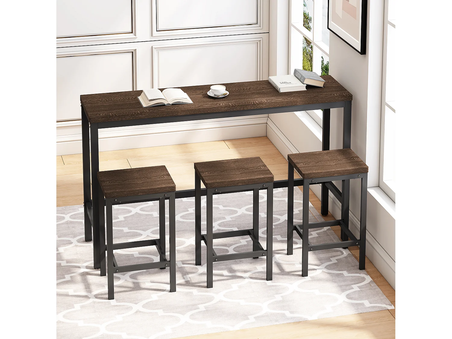 Tavolo da cucina moderno con 3 sgabelli, tavolo da bar, tavolo lungo in MDF e metallo, colore marrone scuro (148x40x90 cm)