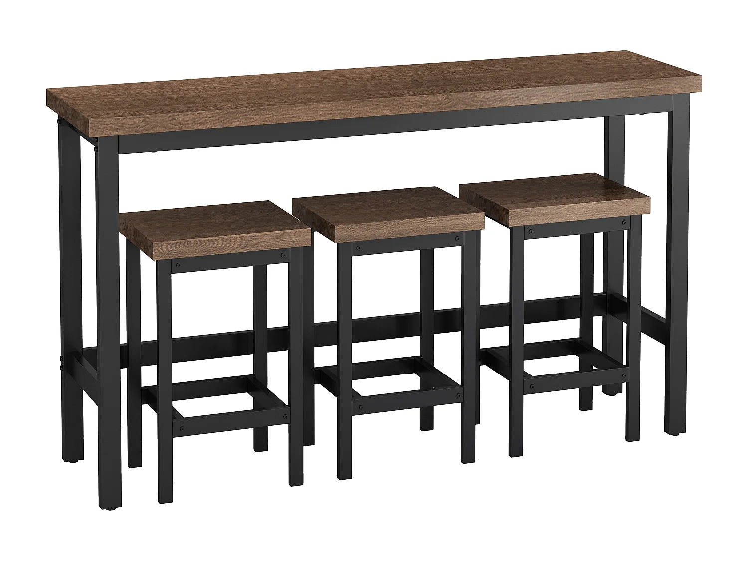 Tavolo da cucina moderno con 3 sgabelli, tavolo da bar, tavolo lungo in MDF e metallo, colore marrone scuro (148x40x90 cm)