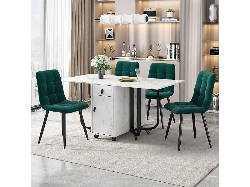 Set da pranzo, tavolo pieghevole 150x80x76 cm con 4 sedie in velluto, piano in MDF bianco, gambe nere (150x80x76 cm)