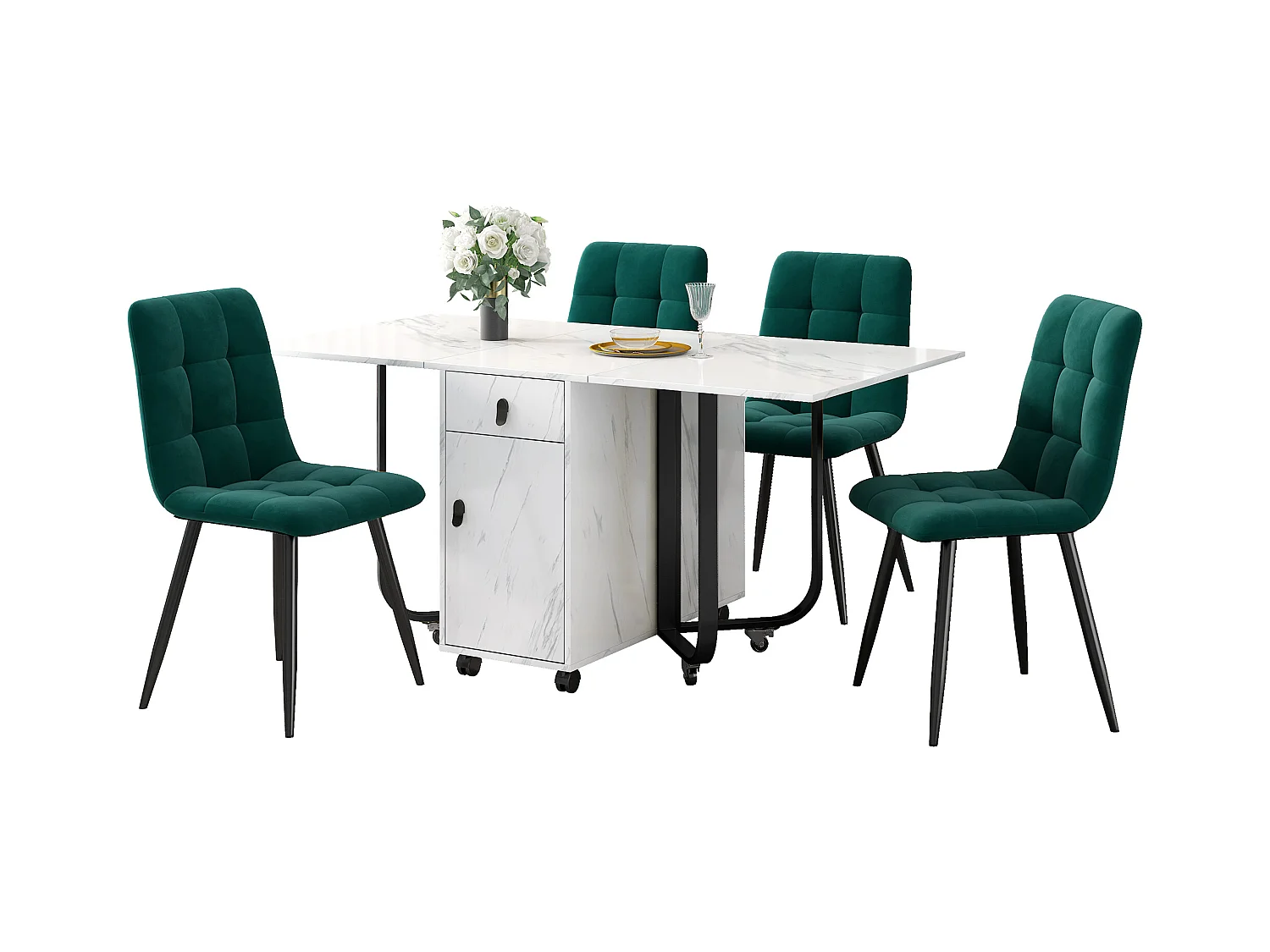 Eetkamerset, opklapbare tafel 150x80x76 cm met 4 fluwelen stoelen, wit MDF blad, zwarte poten (150x80x76 cm)