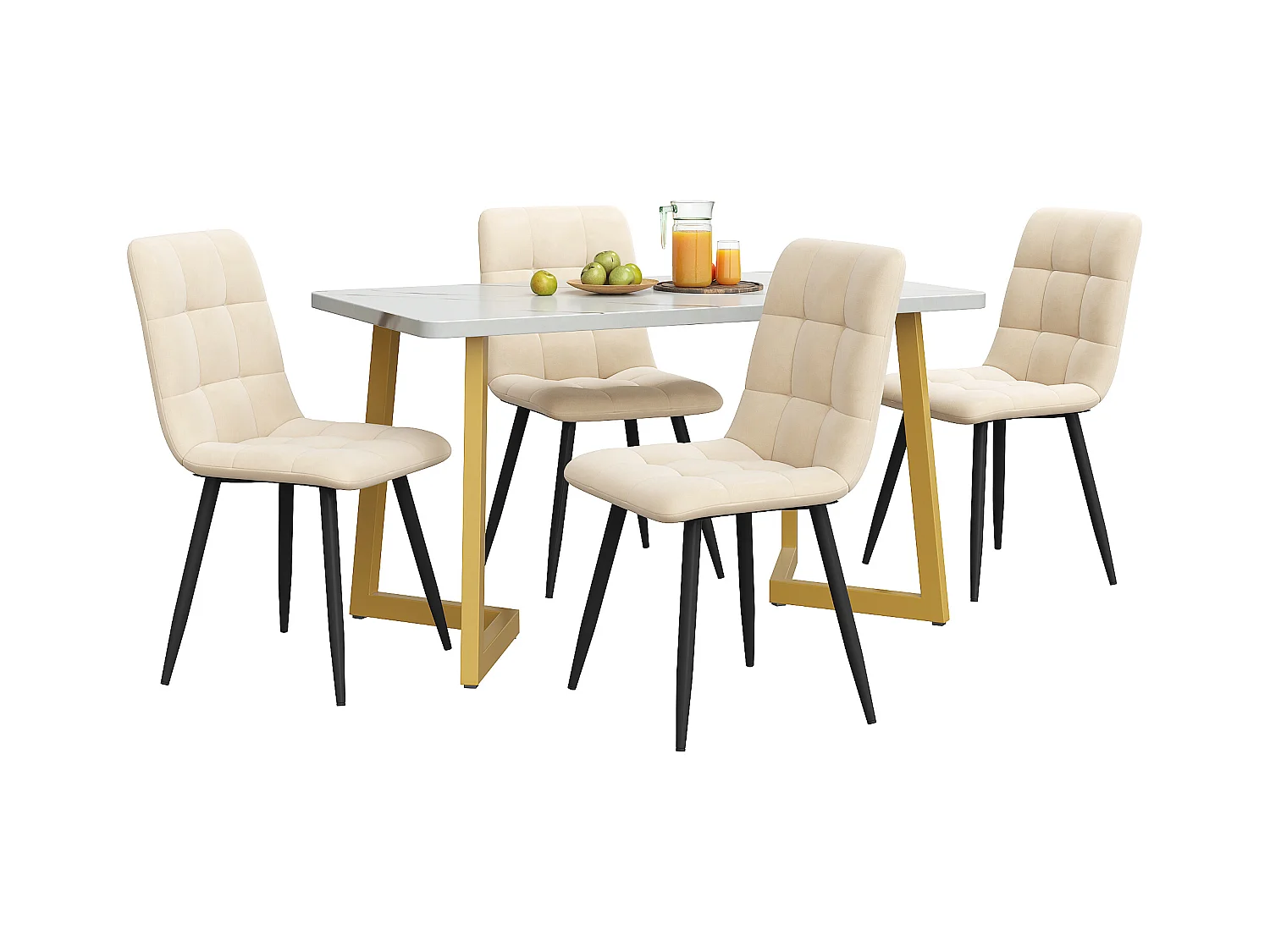 Essgruppe (5-delig), 117x68 cm Esstisch met 4 stoelen, moderne rechthoekige tafel, MDF, beige, gouden metalen poten, grijze fluwelen stoelen