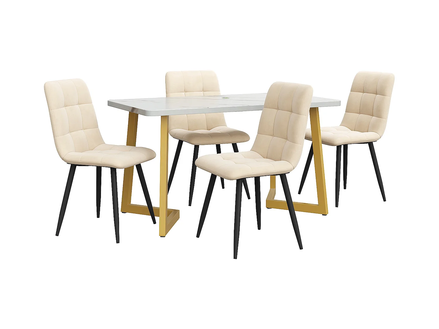 Essgruppe (5-delig), 117x68 cm Esstisch met 4 stoelen, moderne rechthoekige tafel, MDF, beige, gouden metalen poten, grijze fluwelen stoelen