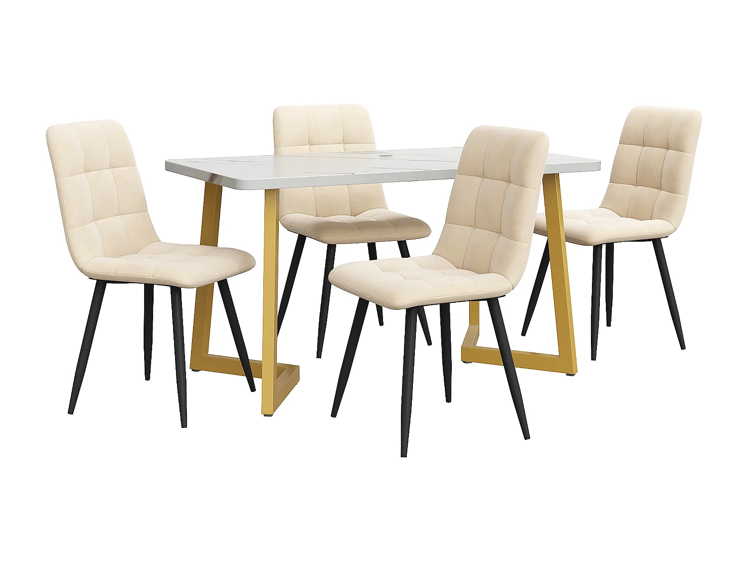 Conjunto de 5 sillas, mesa rectangular moderna de 117 x 68 cm con 4 sillas, MDF beige, patas de metal dorado y sillas de terciopelo gris.