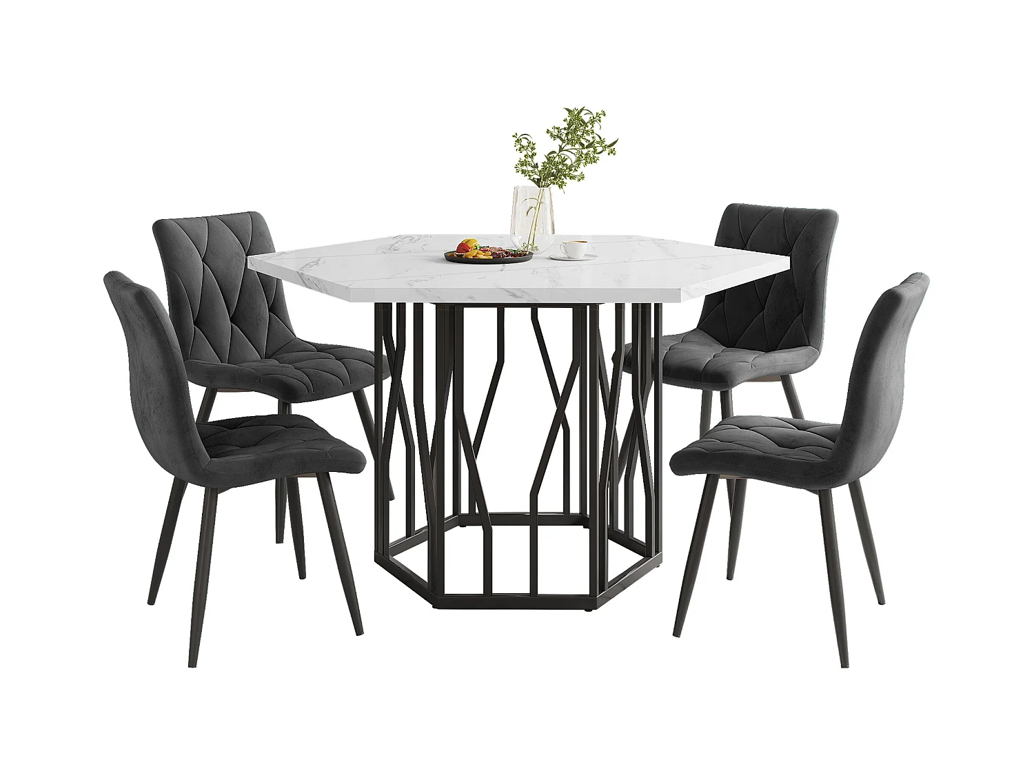 Table à manger hexagonale moderne, MDF + Métal, Marmoréale + Noir, (140×80×76 cm)