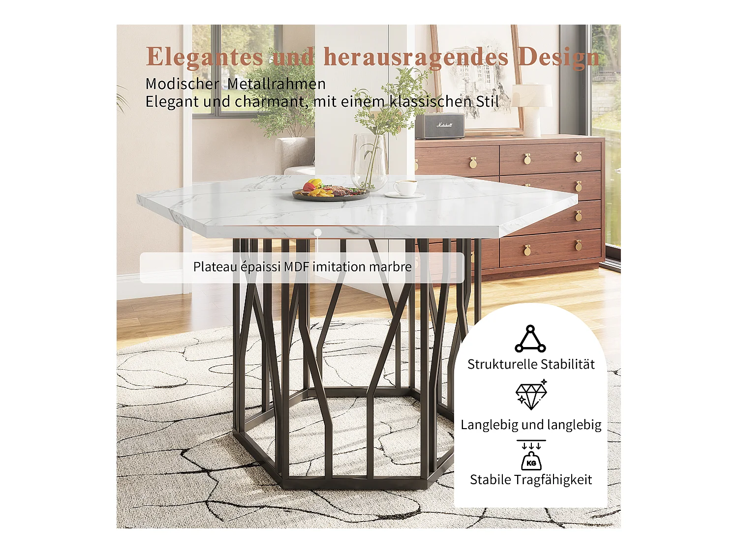 Table à manger hexagonale moderne, MDF + Métal, Marmoréale + Noir, (140×80×76 cm)