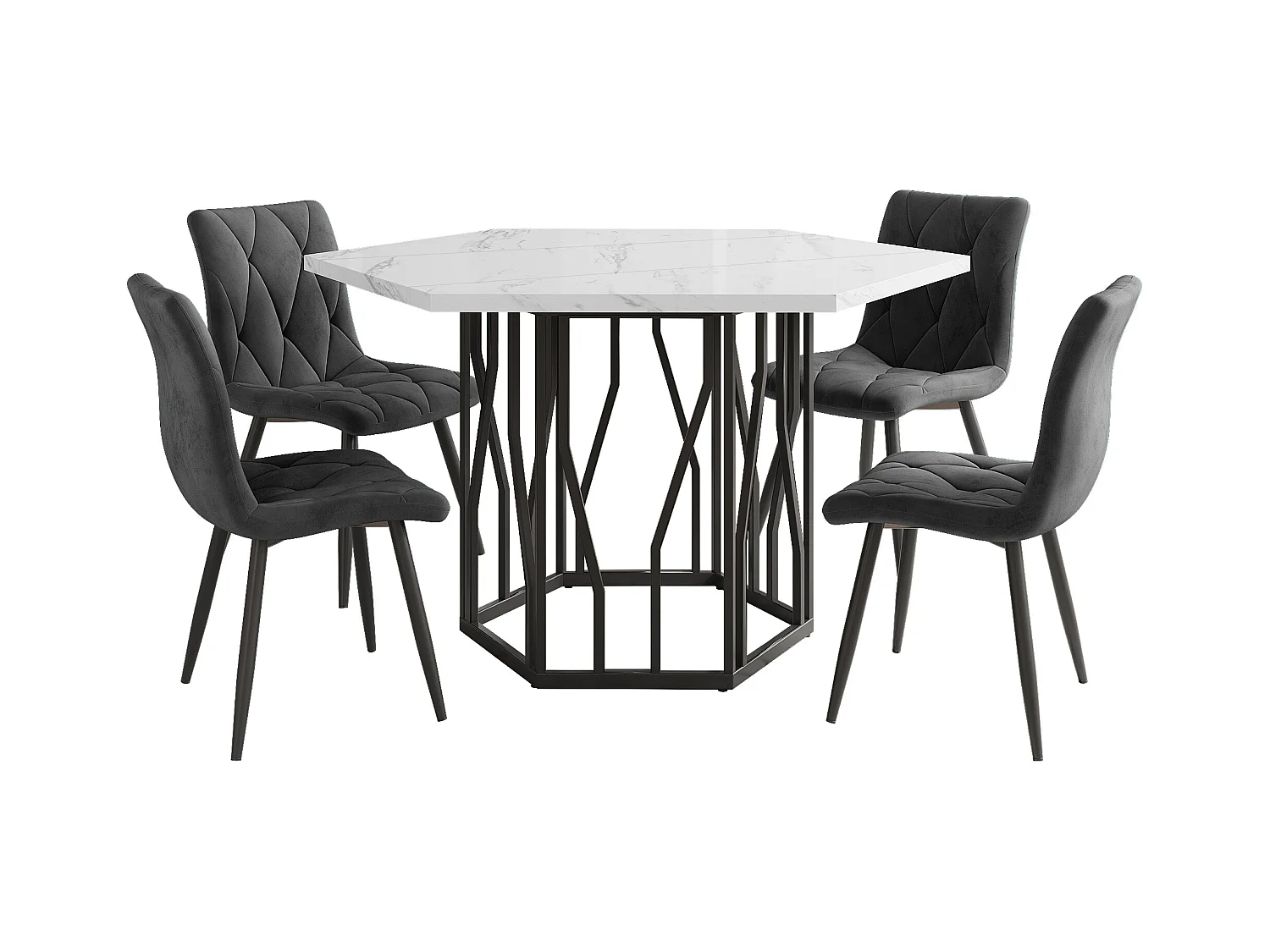 Table à manger hexagonale moderne, MDF + Métal, Marmoréale + Noir, (140×80×76 cm)