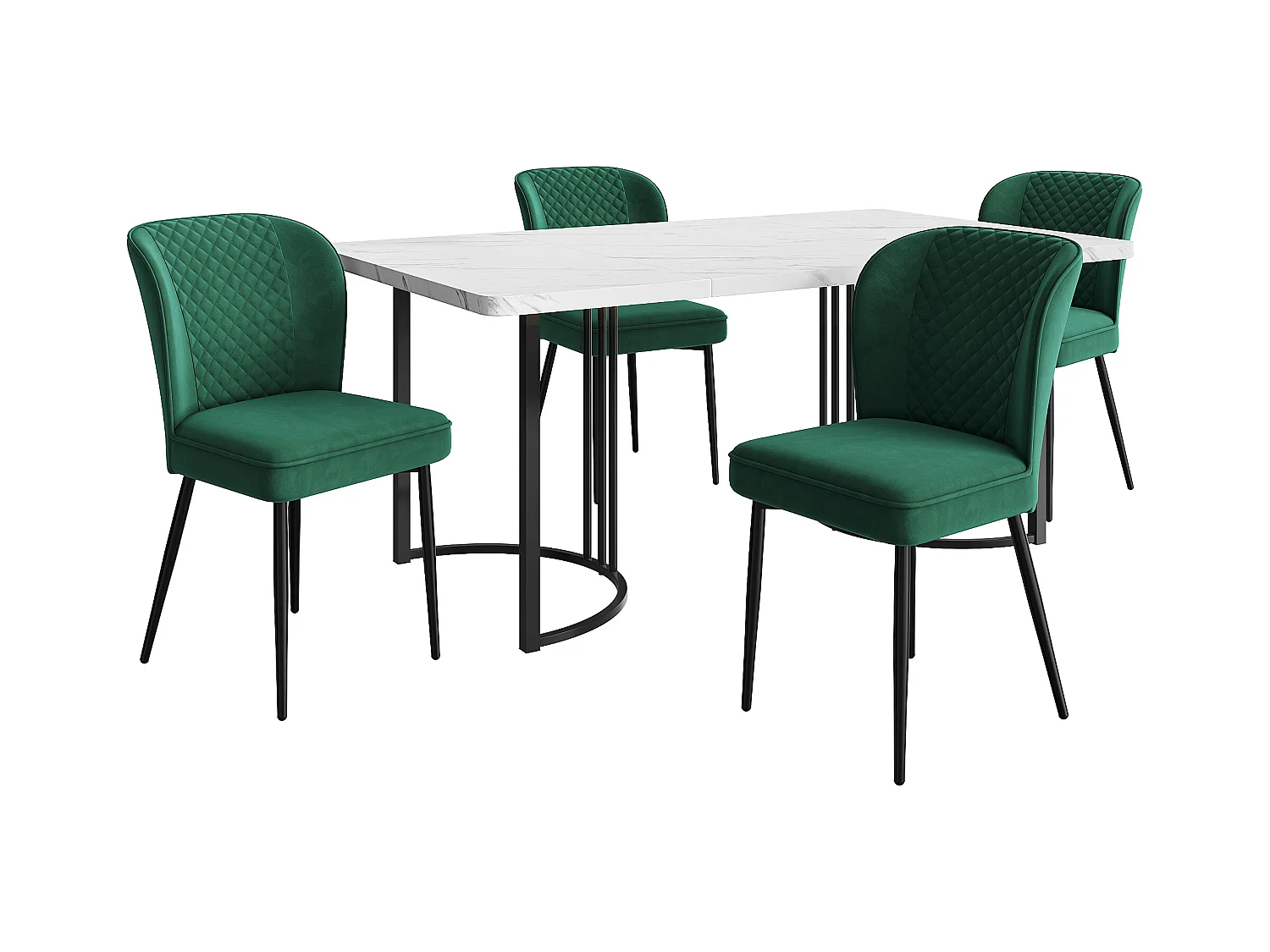 Set da pranzo, tavolo 140x80x75 cm con 4 sedie in velluto nero, gambe in metallo dorato, MDF bianco