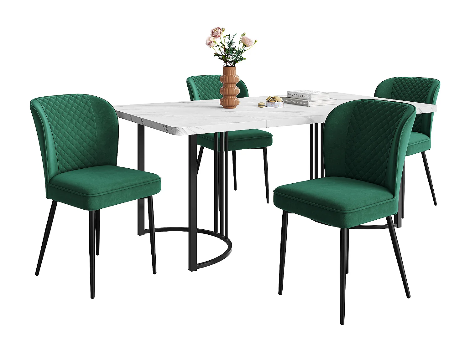 Ensemble salle à manger, table 140x80x75 cm avec 4 chaises en velours noir, pieds métalliques dorés, MDF blanc