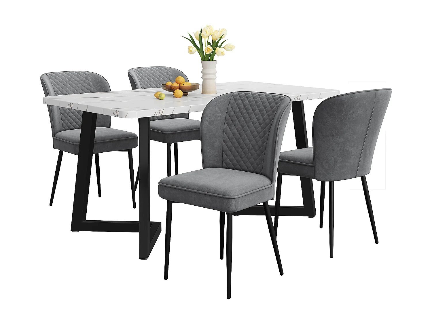 Eetkamerset, tafel 117x68x75 cm, 4 donkergroene fluwelen stoelen, modern design, zwarte en gouden metalen poten (117x68x75 cm)