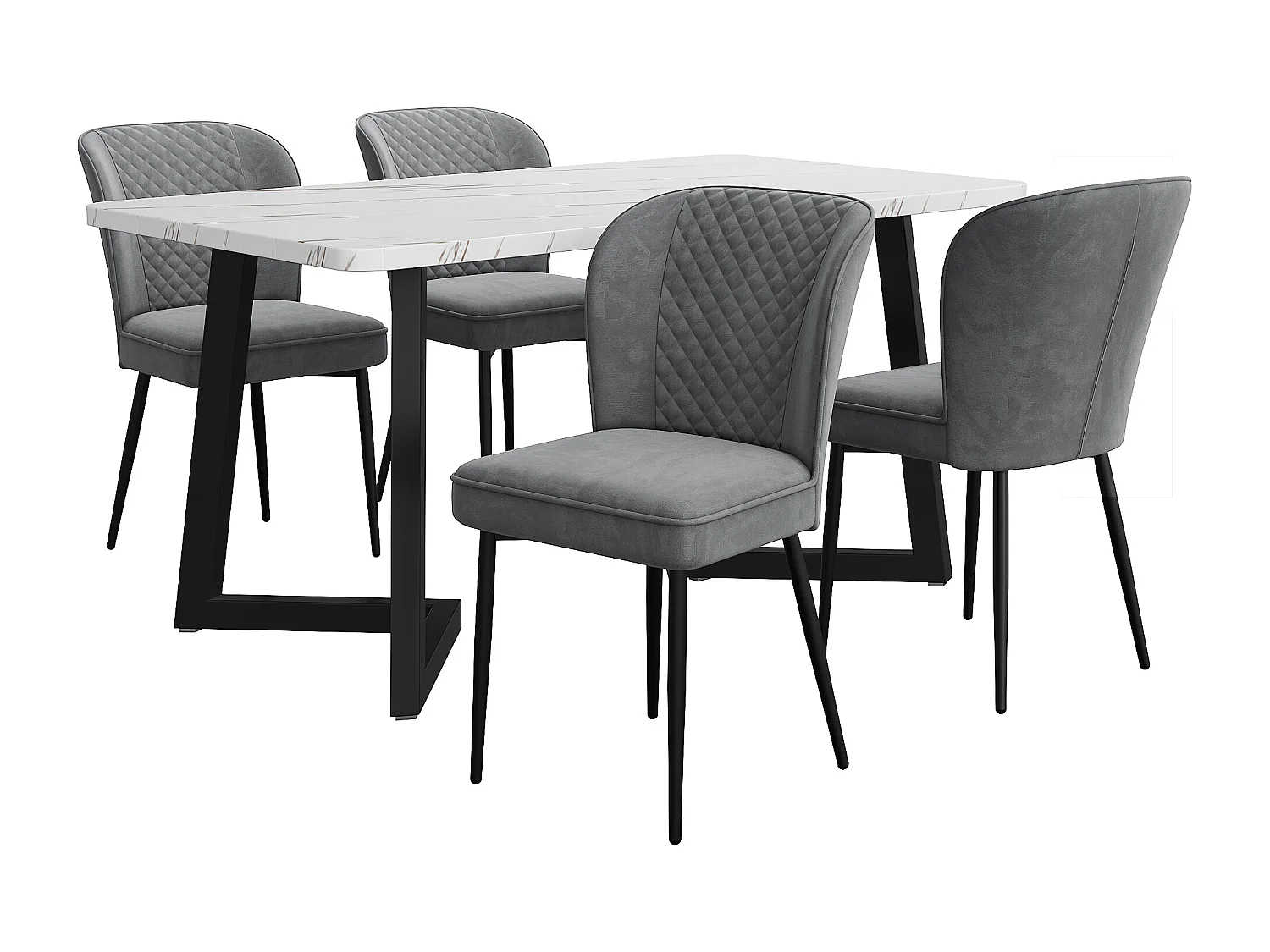 Eetkamerset, tafel 117x68x75 cm, 4 donkergroene fluwelen stoelen, modern design, zwarte en gouden metalen poten (117x68x75 cm)