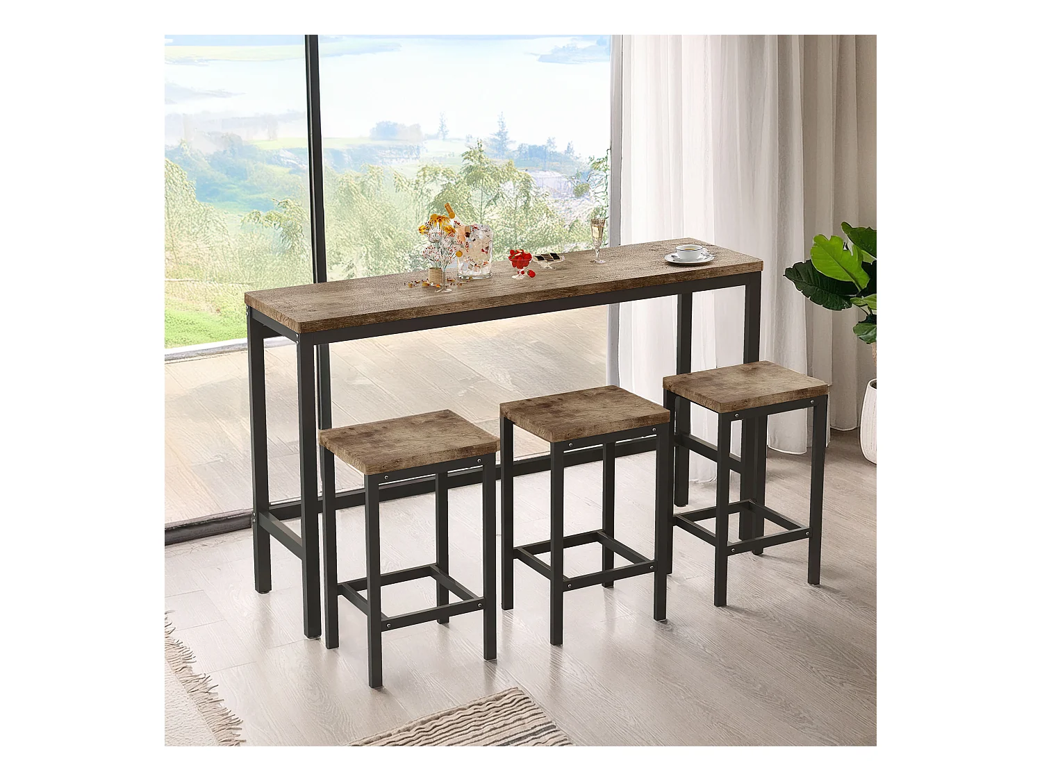 Table de Salle à Manger Longue avec 3 Tabourets, Design Moderne, MDF et Métal, Naturel (148x40x90 cm)