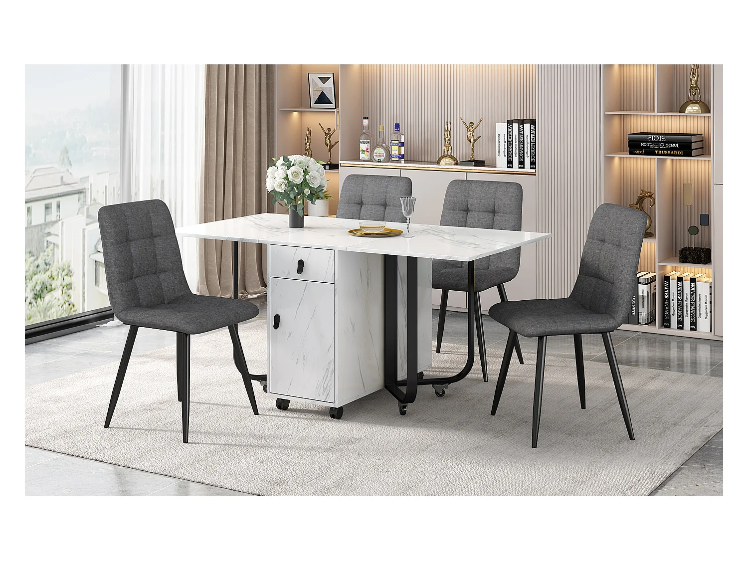 Eetkamerset (5-delig), Klaptafel 150/180x80x75 cm met 4 linnen stoelen, Wit MDF blad, Zwarte metalen poten