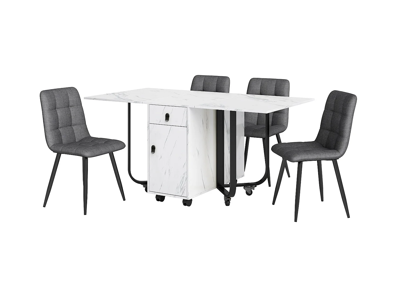 Eetkamerset (5-delig), Klaptafel 150/180x80x75 cm met 4 linnen stoelen, Wit MDF blad, Zwarte metalen poten