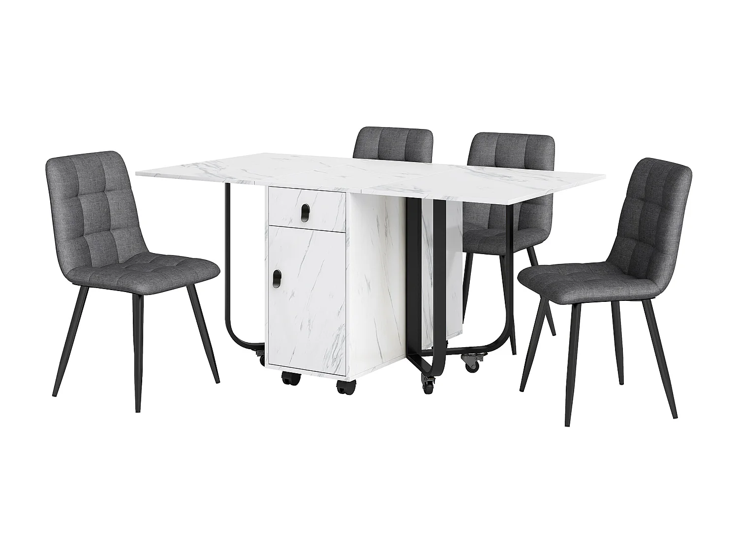 Eetkamerset (5-delig), Klaptafel 150/180x80x75 cm met 4 linnen stoelen, Wit MDF blad, Zwarte metalen poten