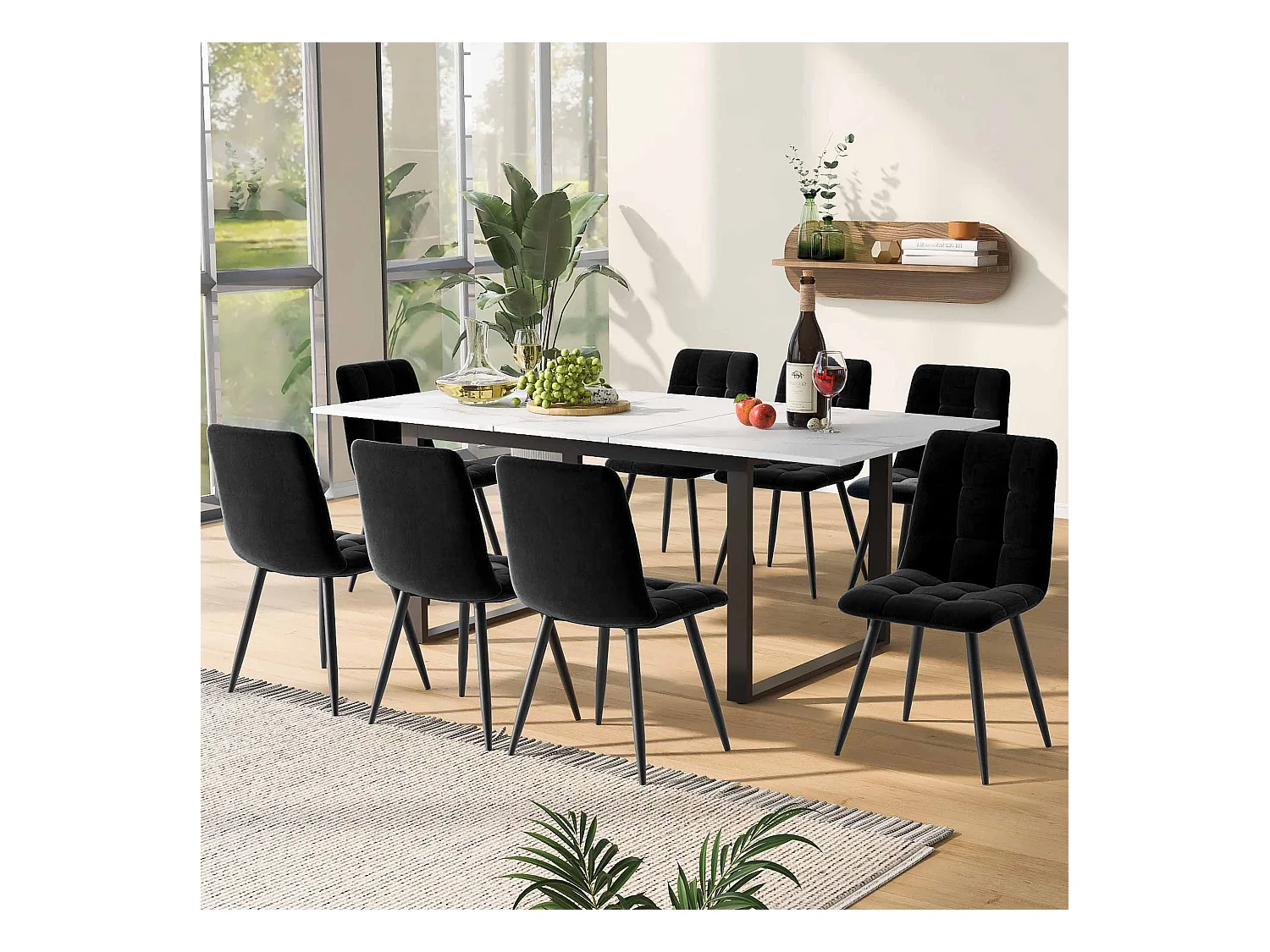 Set da pranzo (5 pezzi), Tavolo allungabile 140/180x80x75 cm con 8 sedie in velluto nero, Piano in MDF bianco, Gambe in metallo nero