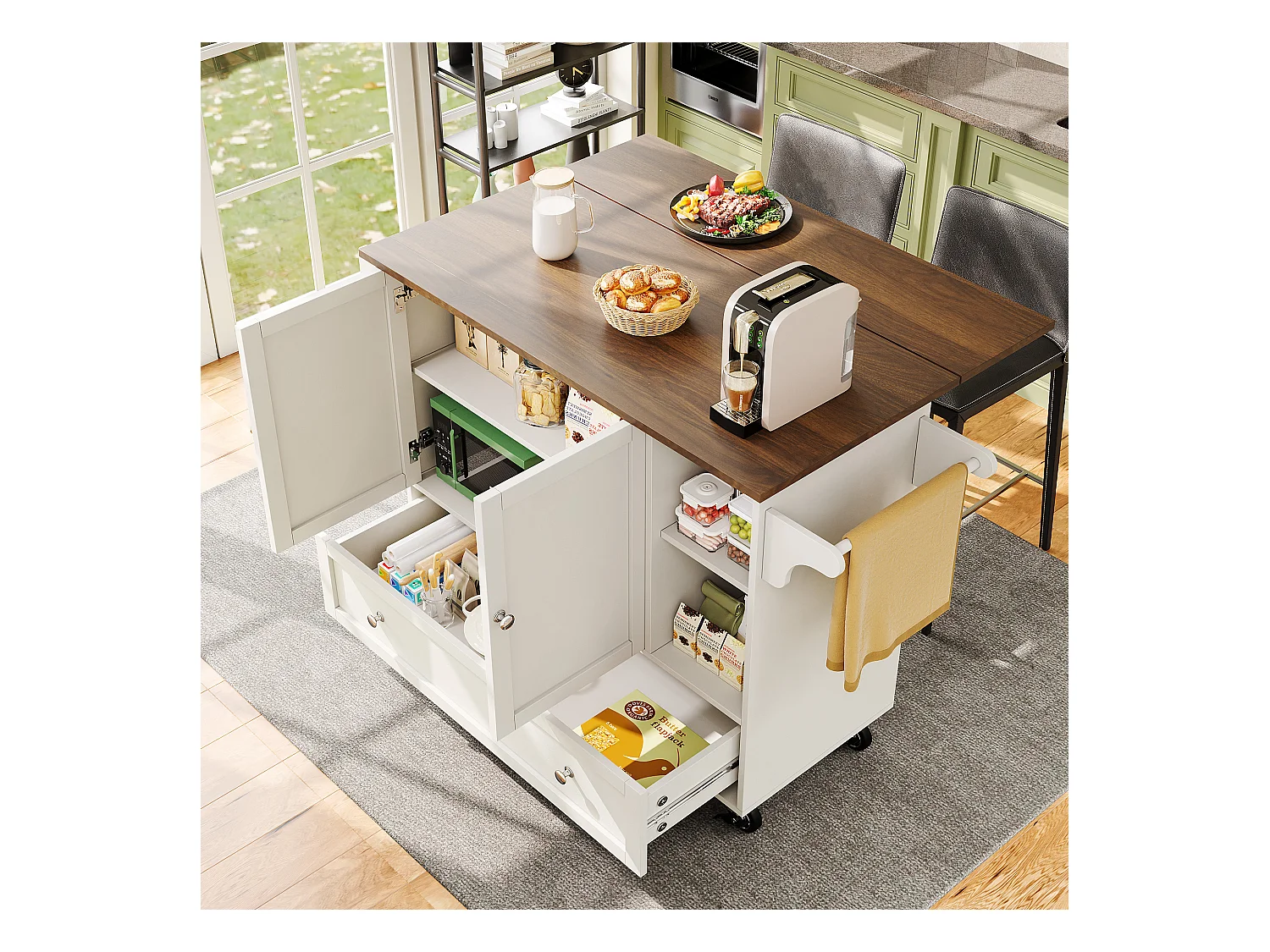 Chariot de cuisine avec portes à rayures, table extensible avec rangement, MDF, blanc (128x40x93 cm)