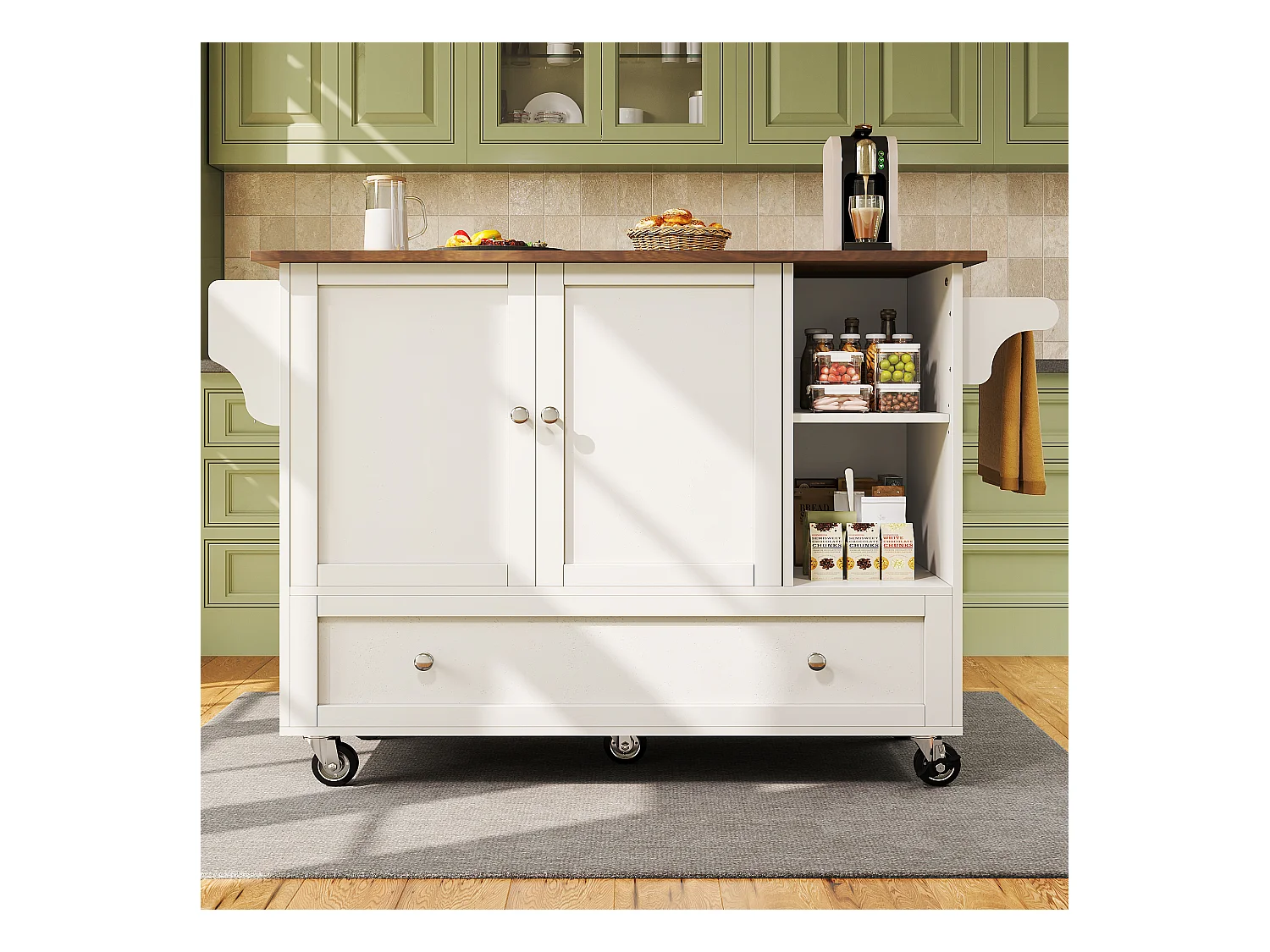 Chariot de cuisine avec portes à rayures, table extensible avec rangement, MDF, blanc (128x40x93 cm)